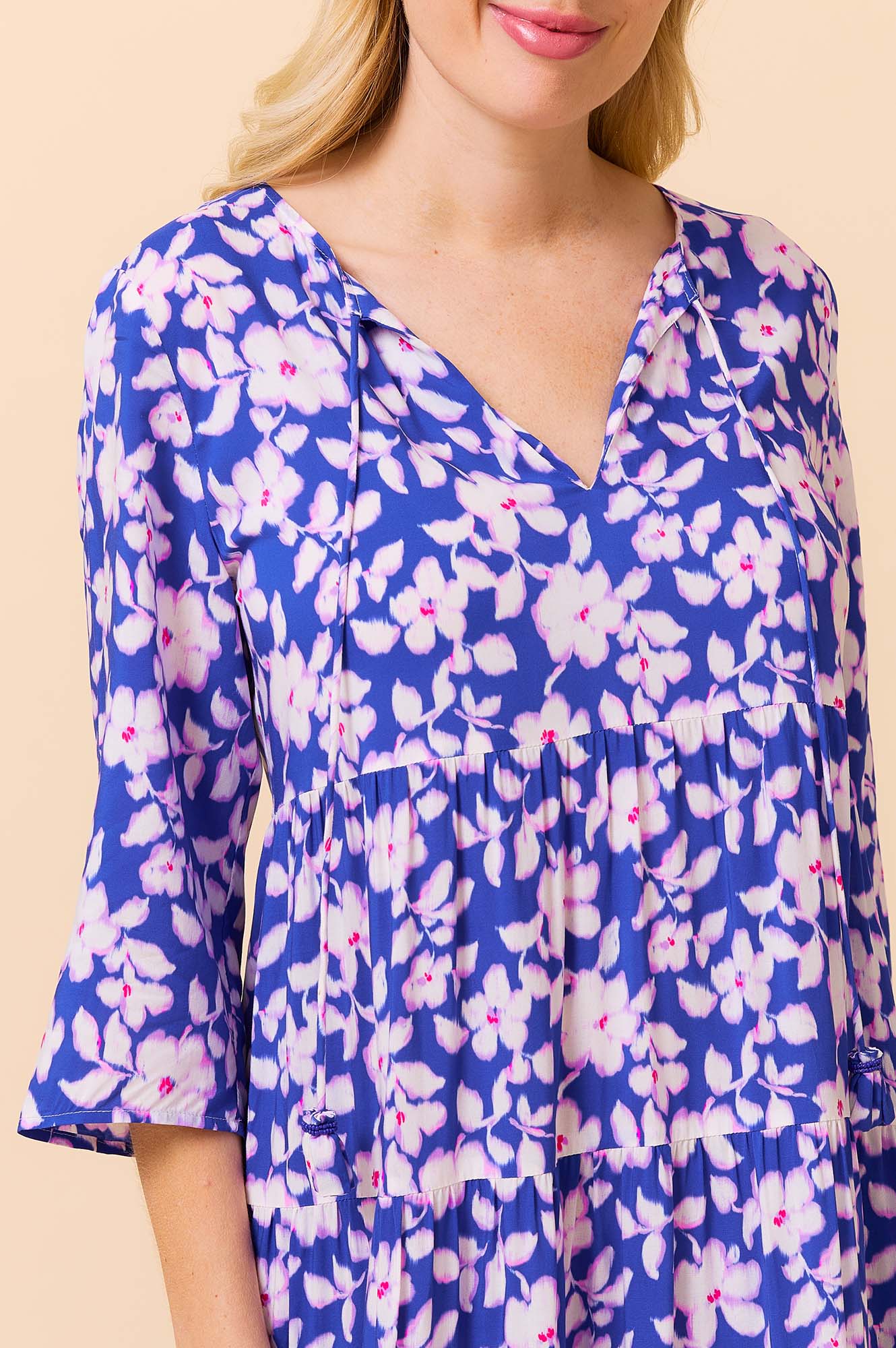 Emma EcoVero™ Midi Dress - Sustainable Floral Print Dress in Cobalt Blue & Pink | Perfect for Summer Weddings, Garden Parties & Casual Outings
