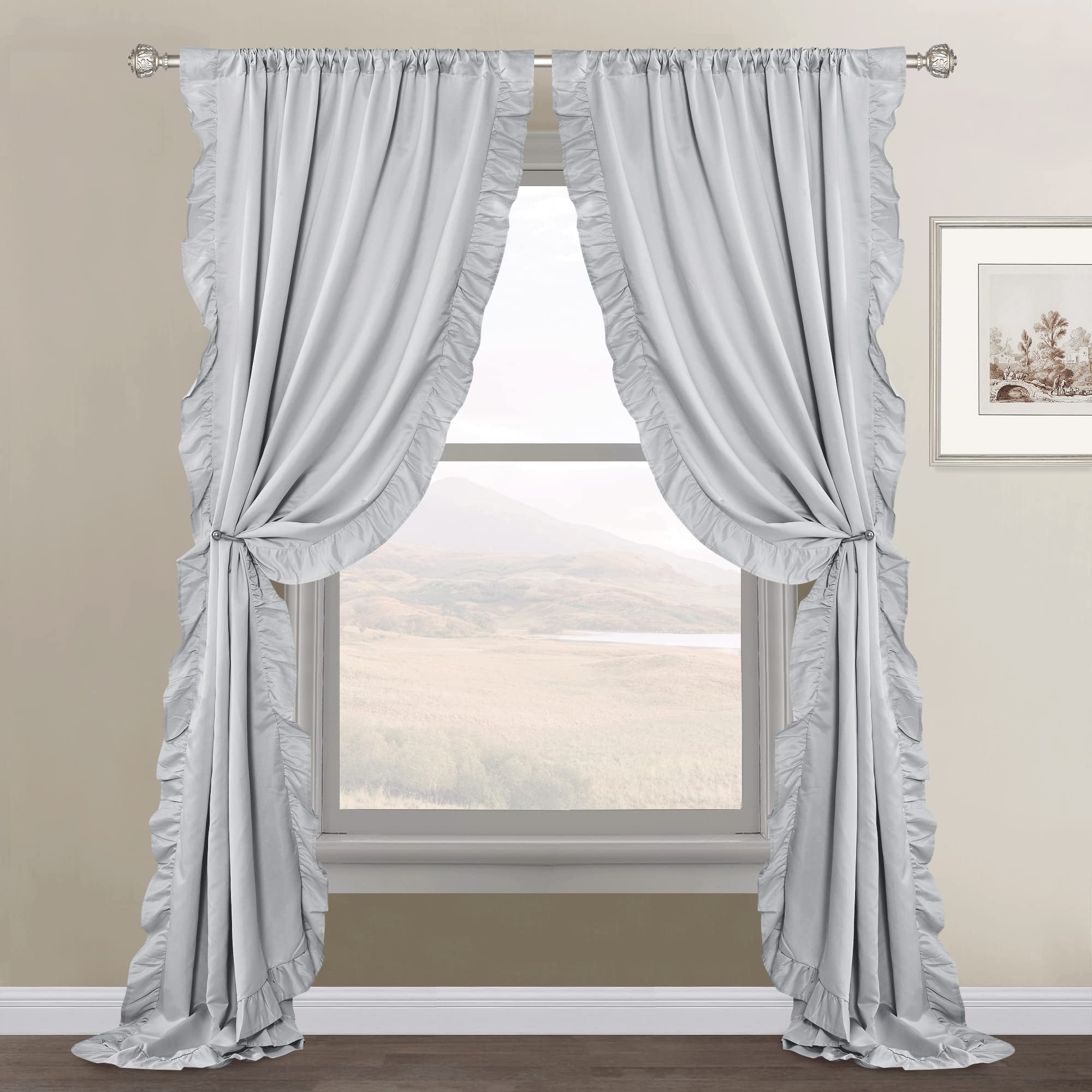 StangH Grey Ruffle Faux Silk Window Curtains - 52x84 Inch Blackout Room Divider Panels for Living Room, Dining Room & Bathroom Decor - Elegant Privacy Drapes for Home & Office Use