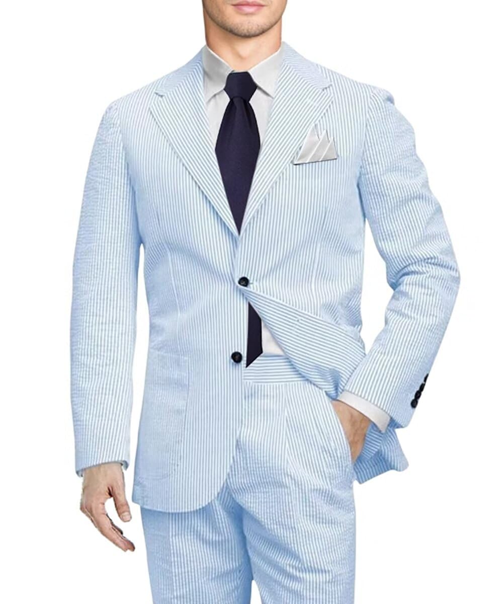 Men's 2-Piece Summer Seersucker Suit - Slim Fit Striped Blazer & Pants Set for Beach Weddings, Grooms, Outdoor Parties & Formal Events