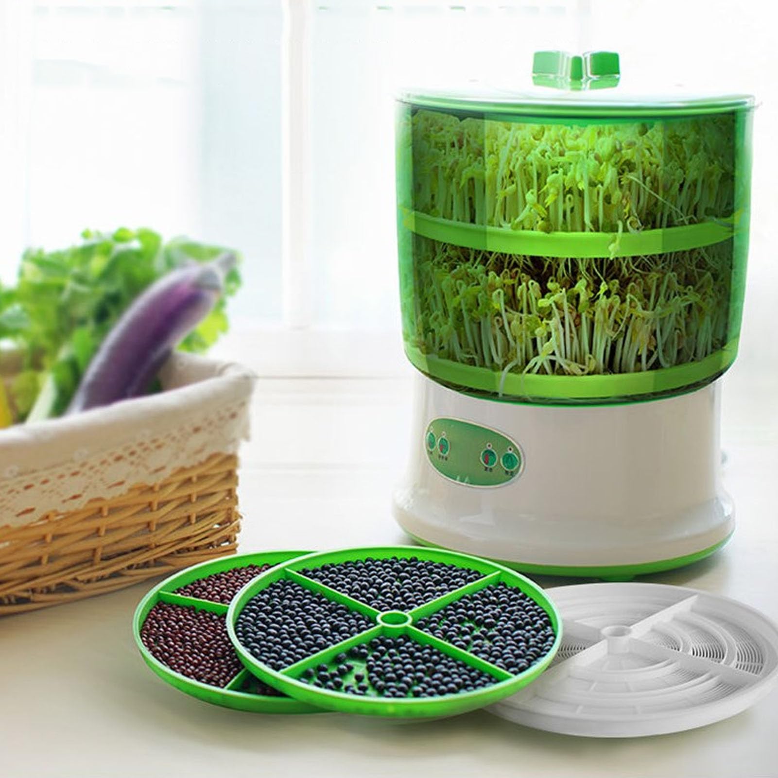 GLOGLOW Large Capacity 3-Layer Automatic Bean Sprout Machine with Pressing Plate - Home Kitchen Germination Kit for Fresh Sprouts (US Plug 110V) | Perfect for Organic Gardening, Healthy Eating & Vegan Diets