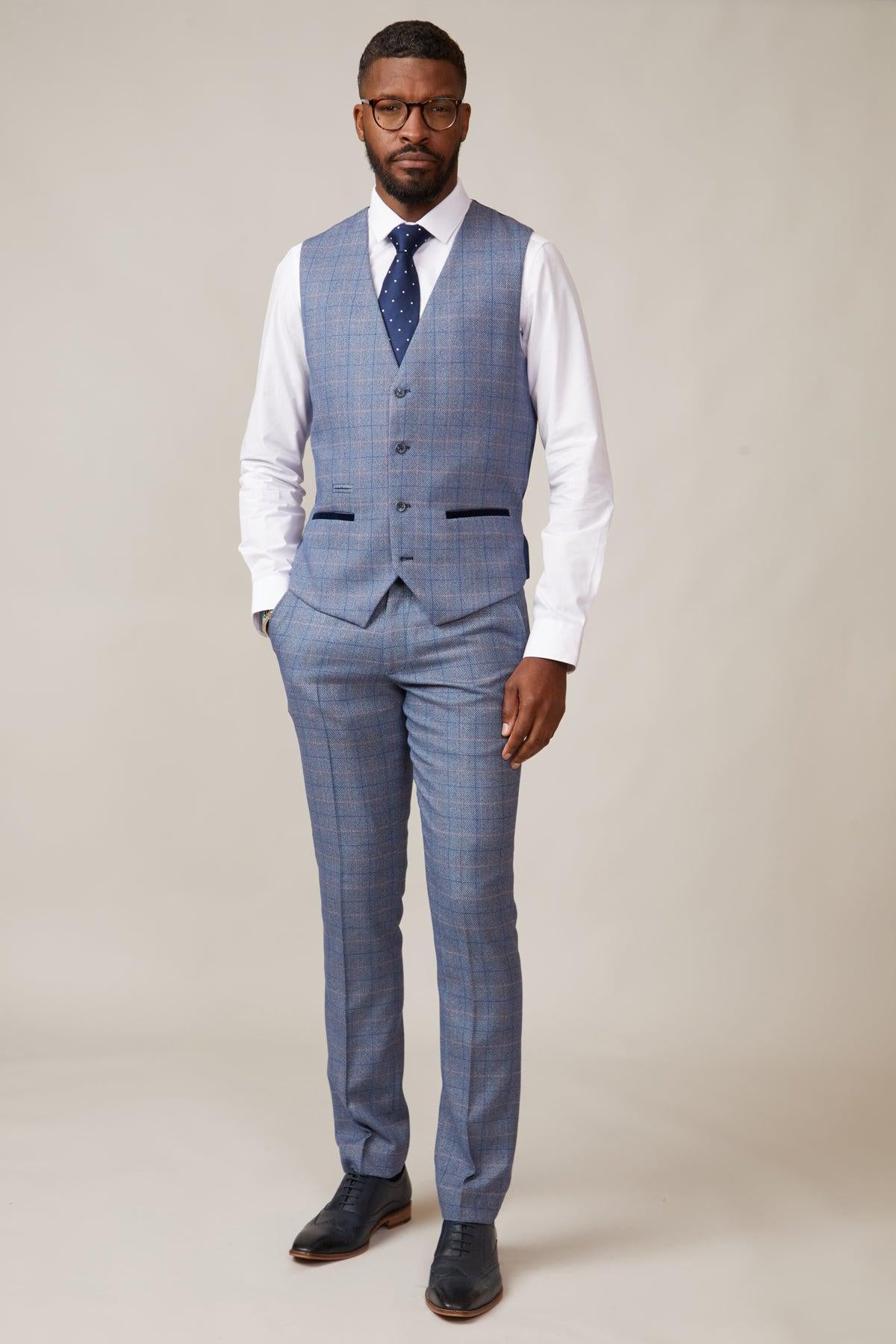 Hilton Blue Tweed Check Single Breasted Waistcoat for Men - Classic Formal Vest for Weddings, Business & Office Wear