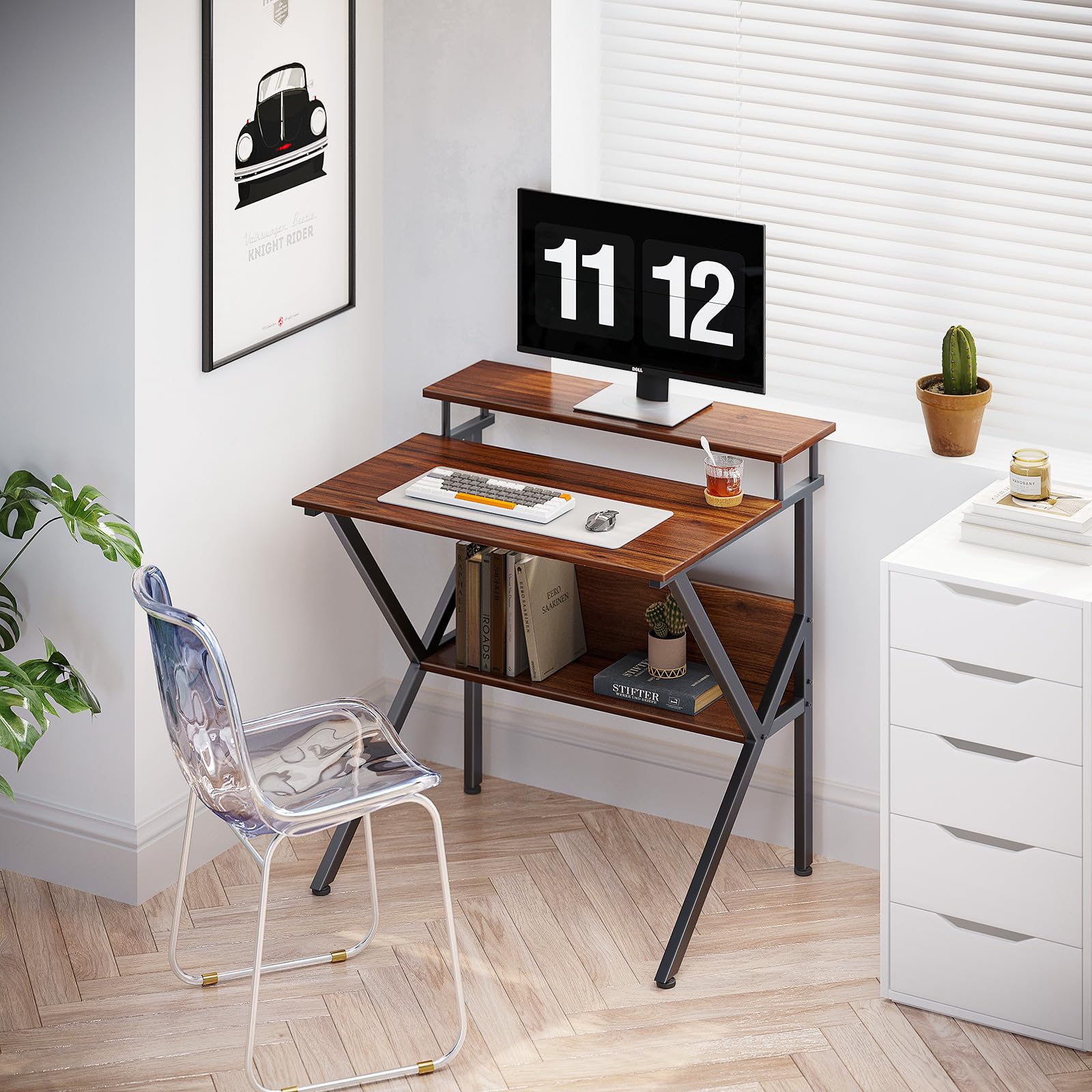 Compact 27.5 Inch Small Computer Desk with Storage & Monitor Stand - Space Saving Home Office Desk for Small Spaces, Study Desk in Espresso Finish - Perfect for Apartments, Dorms & Tiny Home Workspaces