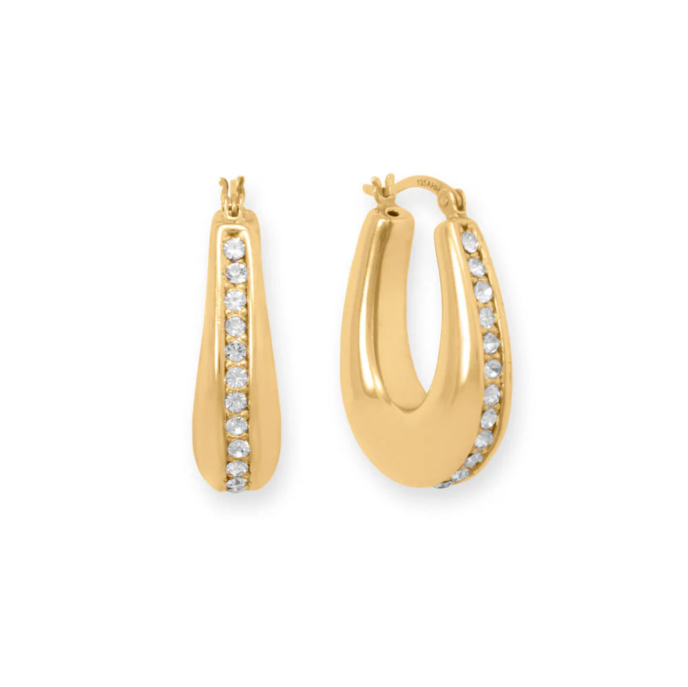 14K Gold Plated Sterling Silver Hollow CZ Oblong Hoop Earrings for Women - Elegant Dangle Earrings for Party, Wedding & Everyday Wear