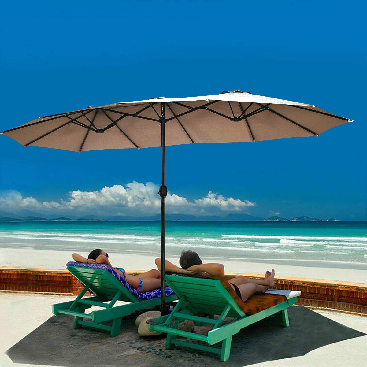Tangkula 15 Ft Double-Sided Patio Umbrella with Crank - Outdoor Market Table Umbrella in Coffee Brown for Backyard, Poolside & Restaurant Use