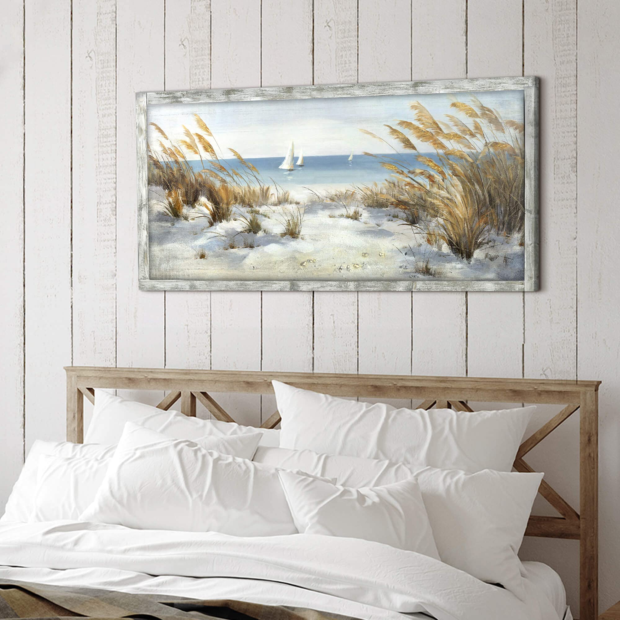 Coastal Oil Painting Style Framed Ocean Wooden Wall Art - 48
