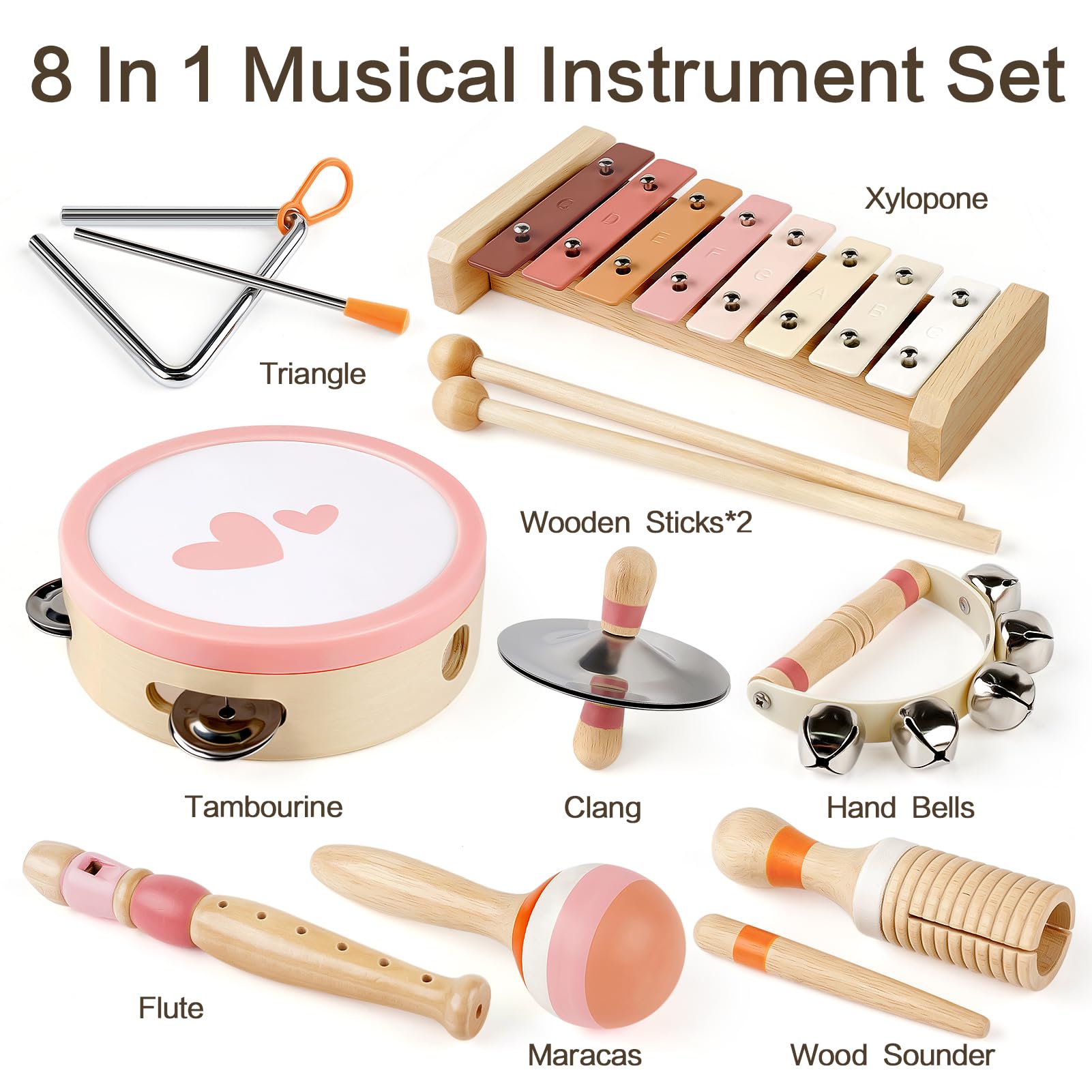 Vanplay 8-in-1 Wooden Musical Toys Set for Toddlers 1-3 Years Old - Xylophone, Drum & Montessori Learning Toys - Perfect Birthday & Easter Gift for Baby Girls 1-2 - Educational Musical Instruments for Early Childhood Development - Great for Playtime, Learning & Sensory Exploration