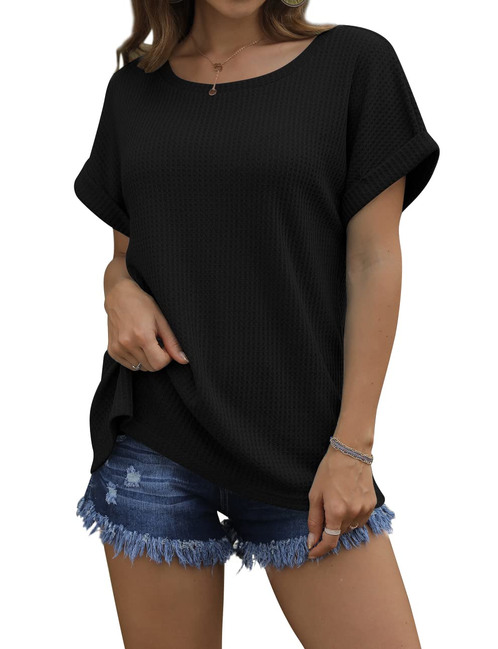 IWOLLENCE Women's Waffle Knit Casual T-Shirt - Summer Short Sleeve Loose Blouse Top for Women | Comfortable & Breathable for Daily Wear, Outings, and Vacation Outfits