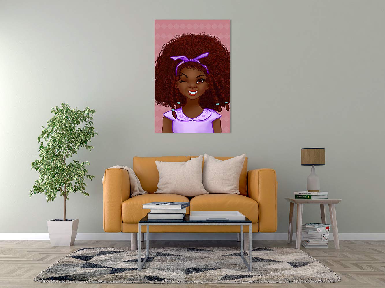 African American Kids Wall Art - Large 1 Panel Black Girl Pink & Grey Painting - Framed Ready to Hang Wall Decor for Living Room & Girls Bedroom - Unique Hippie Style Gift for Home & Office Decor
