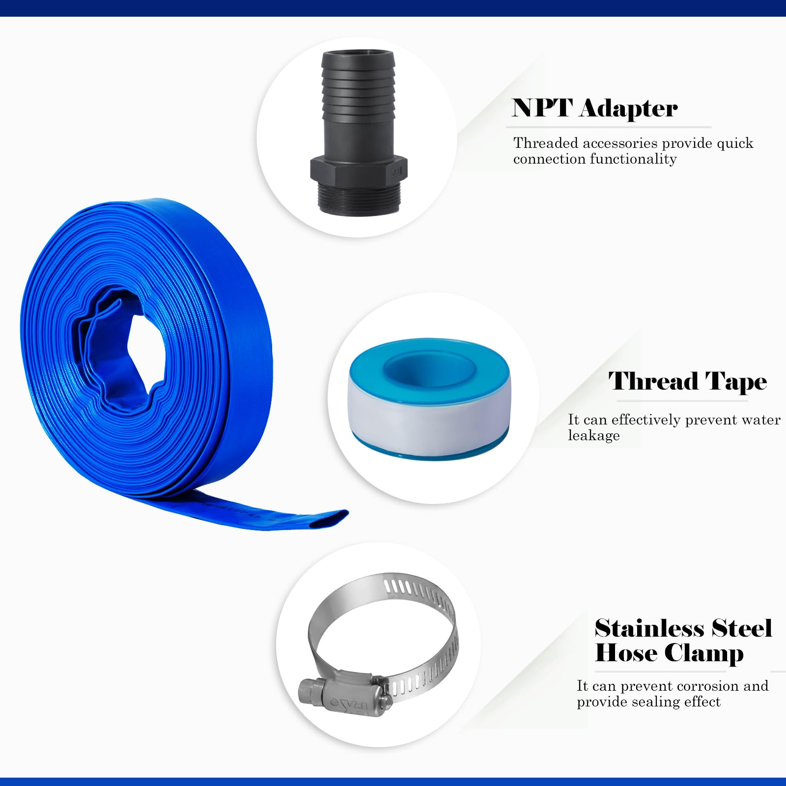 Eastrans 1.5 Inch x 50 Feet Heavy Duty Pool Backwash Hose Kit with Male NPT Adapter - Reinforced Swimming Pool Drain Hose with 2 Clamps & Thread Seal Tape (6 Bar Pressure) - Perfect for Pool Maintenance, Water Drainage & Pump Discharge Applications