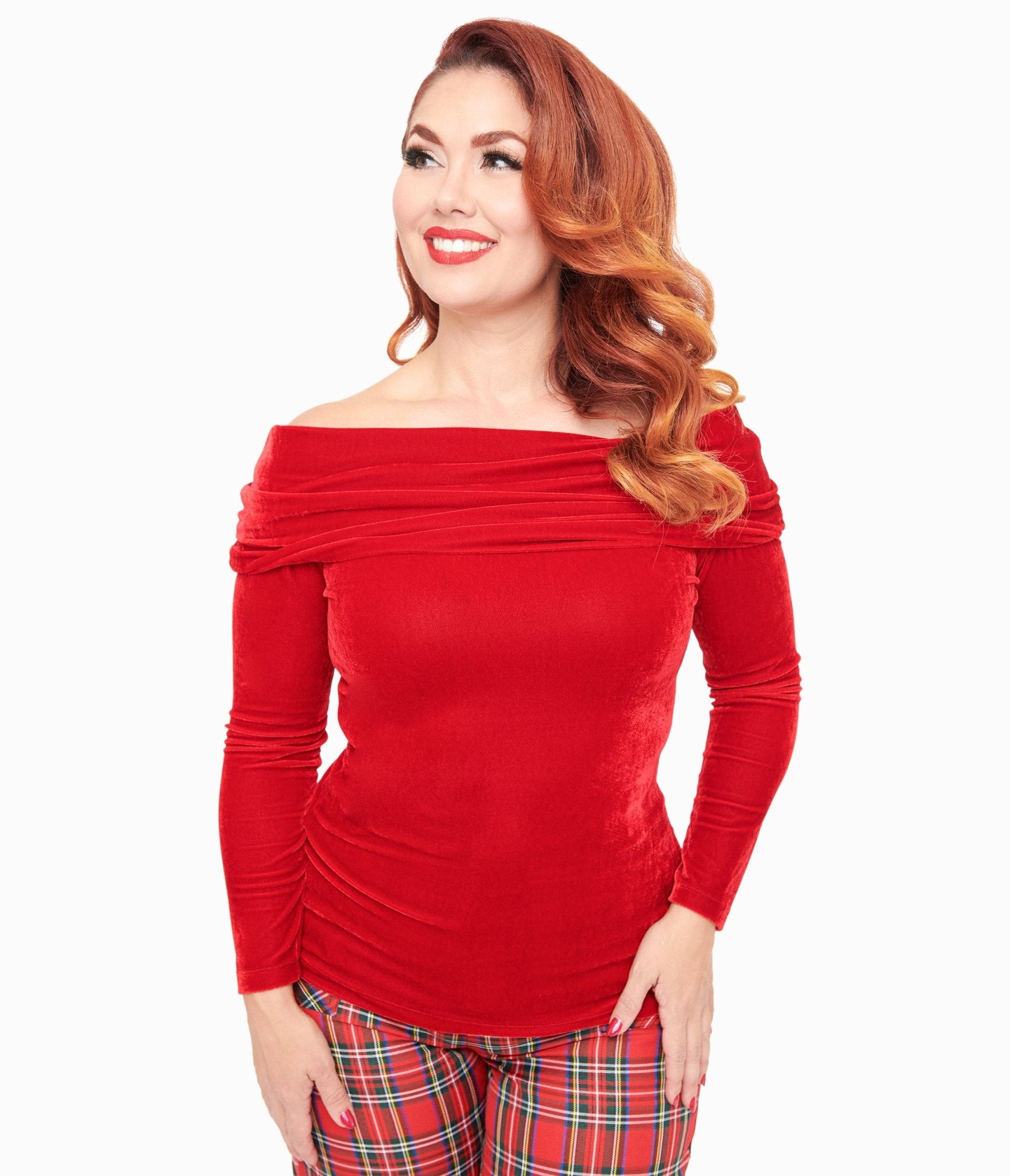 Vintage 1960s Red Velvet Knit Top with Folded Shoulder Design - Retro Women's Fashion for Parties & Holiday Outfits
