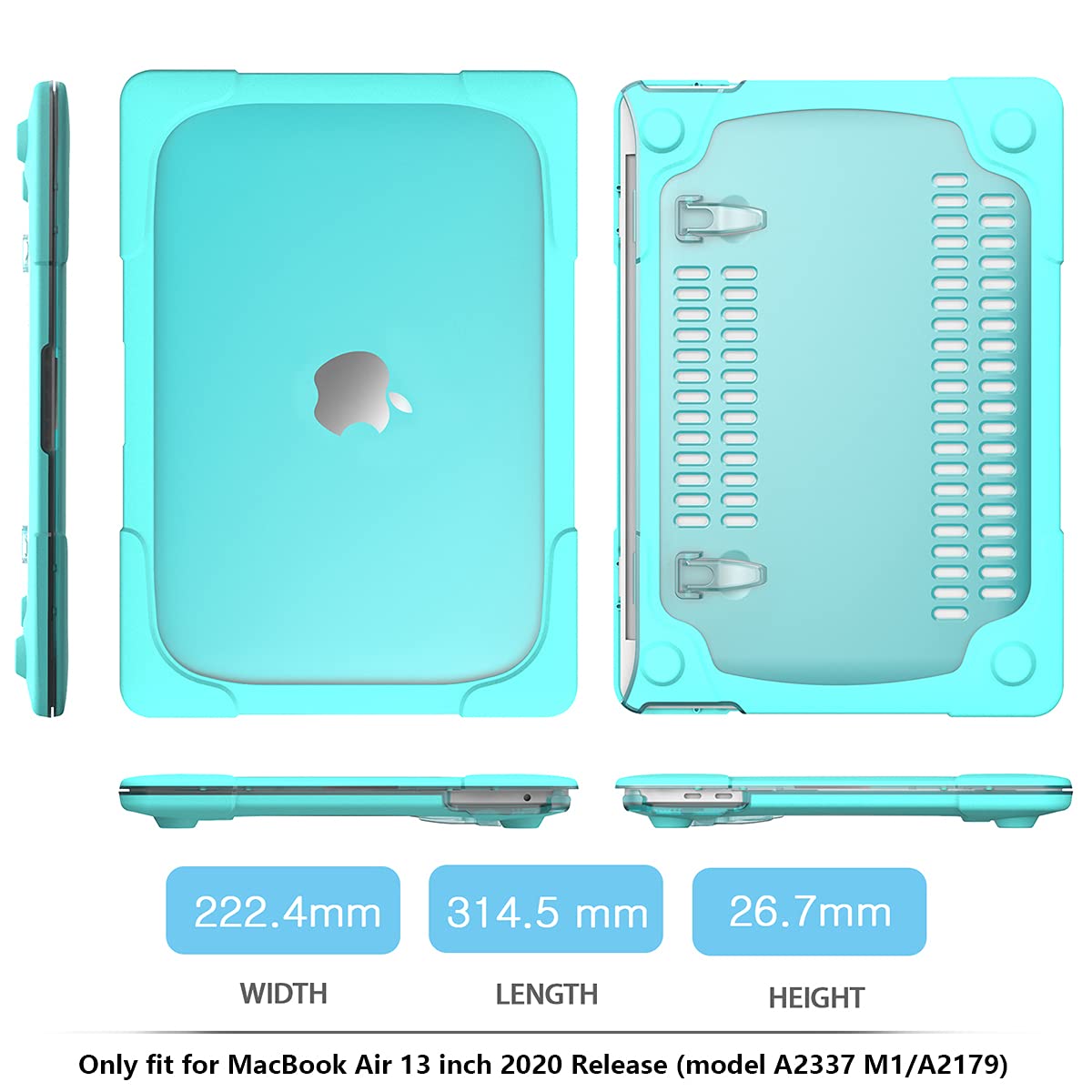 Shockproof MacBook Air 13 Inch Case (2021-2018 Models A2337 M1 A2179 A1932) - Heavy Duty Hard Shell with Kickstand & Keyboard Cover, Touch ID Compatible - Turquoise - Perfect for Travel, Office & School Use