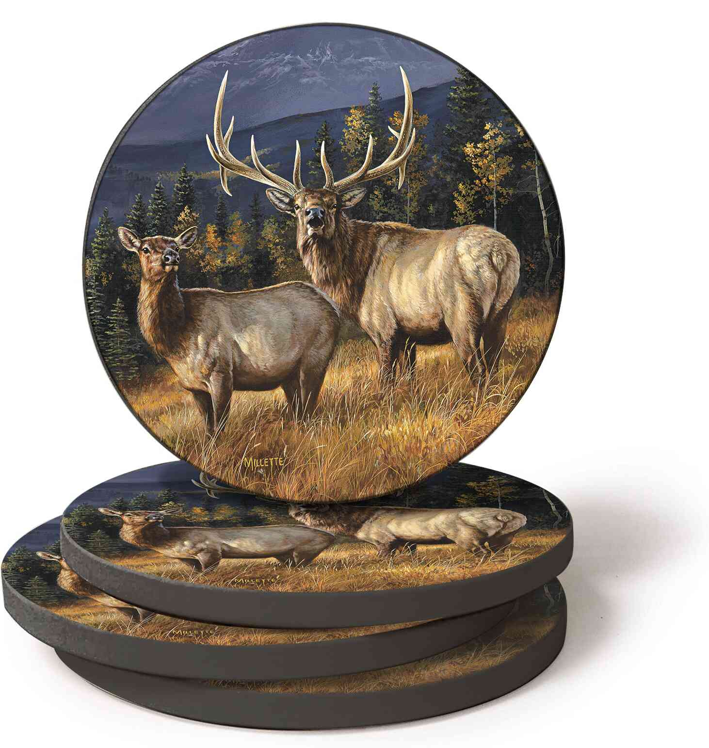 Premium Elk Coasters Set of 4 - Natural Wood Drink Coasters for Coffee Table, Bar & Home Decor - Absorbent & Protective for Glasses & Mugs