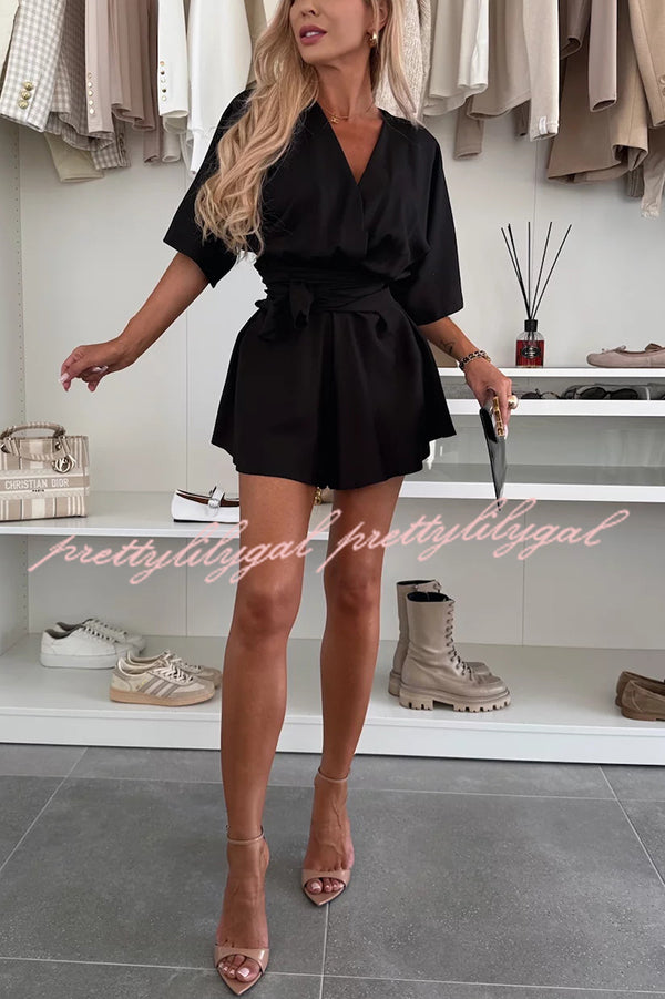 Stylish Comfortable V-Neck Wide Sleeve Tie-Up Loose Romper for Women - Summer Casual Outfit, Beach Cover-Up, Lounge Wear, and Vacation Essentials