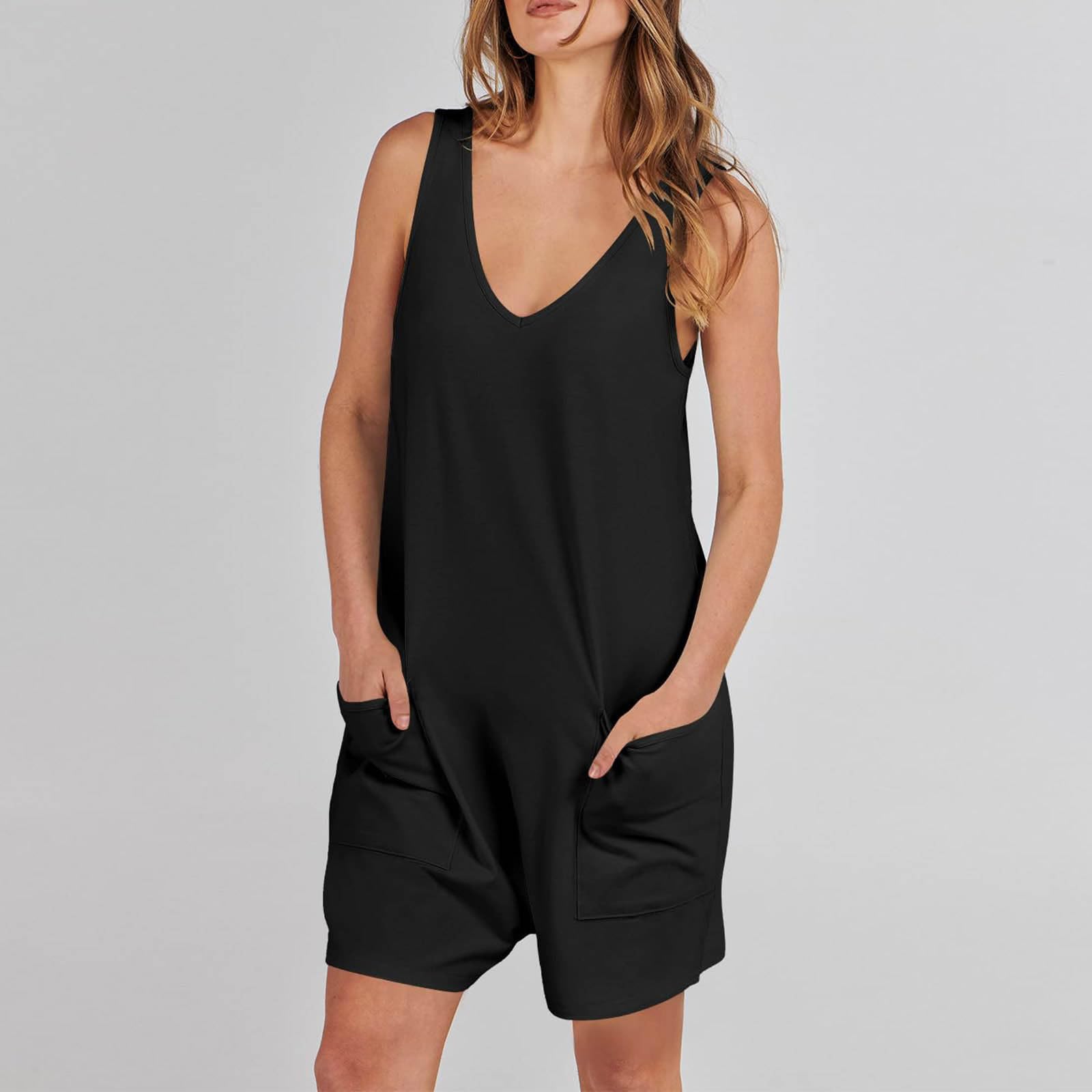 Women's Summer Casual Romper - Sleeveless Loose Spaghetti Strap Short Jumpsuit with Pockets | Trendy Overalls for Beach, Vacation & Daily Wear | Prime Daily Deals & Lightning Clearance