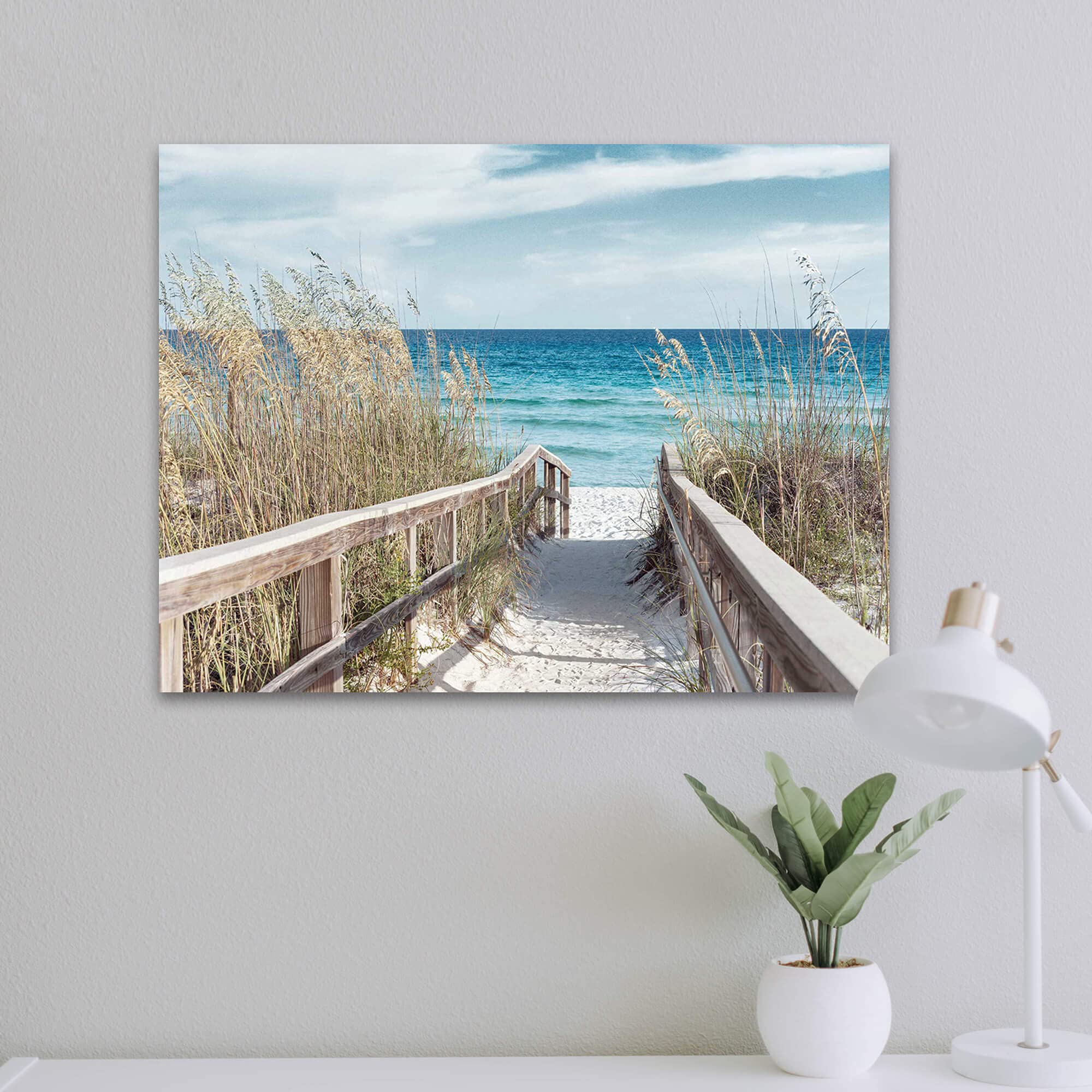 Beach Seascape Canvas Wall Art - Coastal Ocean View Painting with Wooden Fence & Pathway Decor for Living Room, Bedroom, Office (24x18 inches) - Perfect for Beach House, Vacation Home & Coastal Style Interior Design