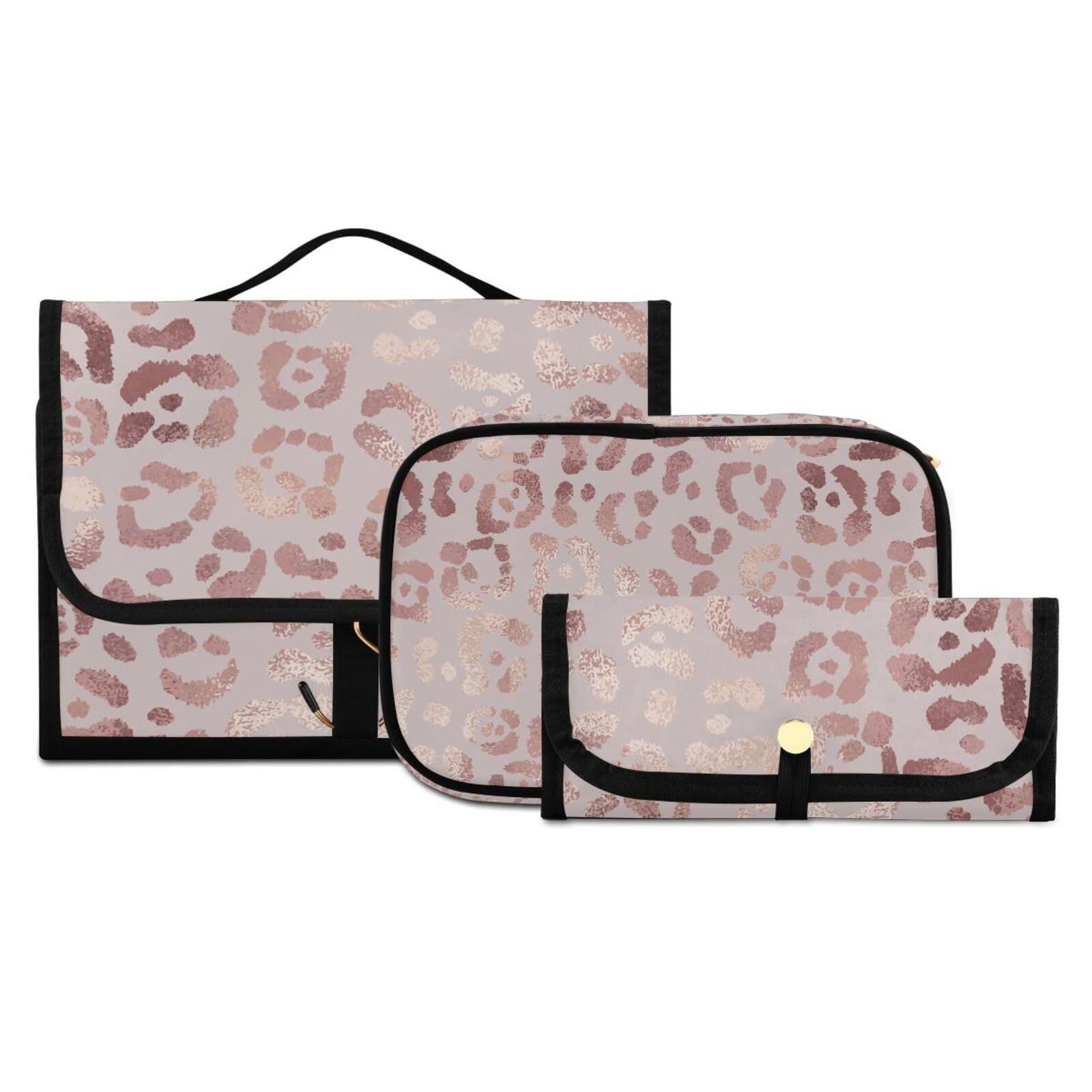 Elegant Rose Gold Leopard Print Hanging Toiletry Bag Set - 3 PCS Travel Makeup Organizer with Clear Compartments | Portable Cosmetic Storage for Women | Perfect for Vacation, Gym, Camping & Business Trips