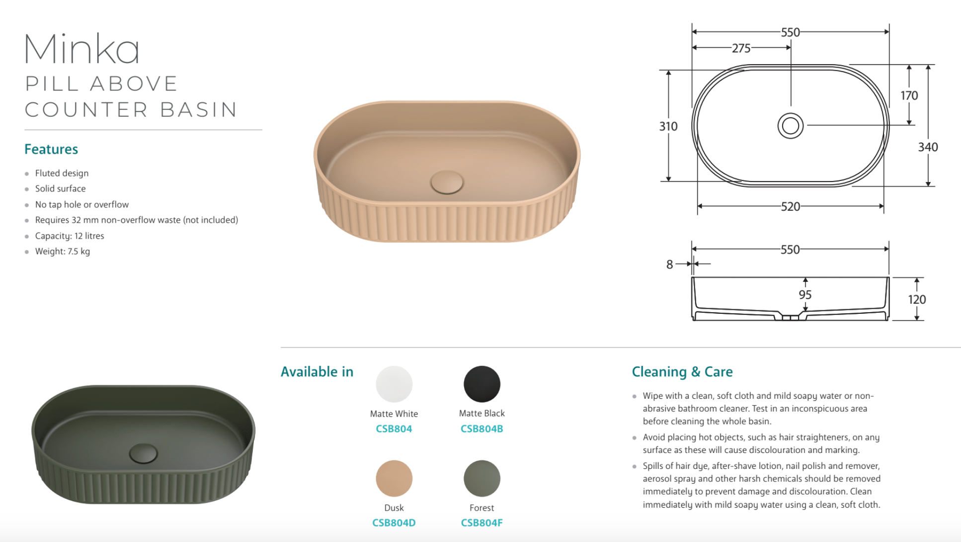 Fienza CSB804F Minka Pill Solid Surface Above Counter Bathroom Sink, Forest Finish - Modern Vanity Basin for Contemporary Home Decor