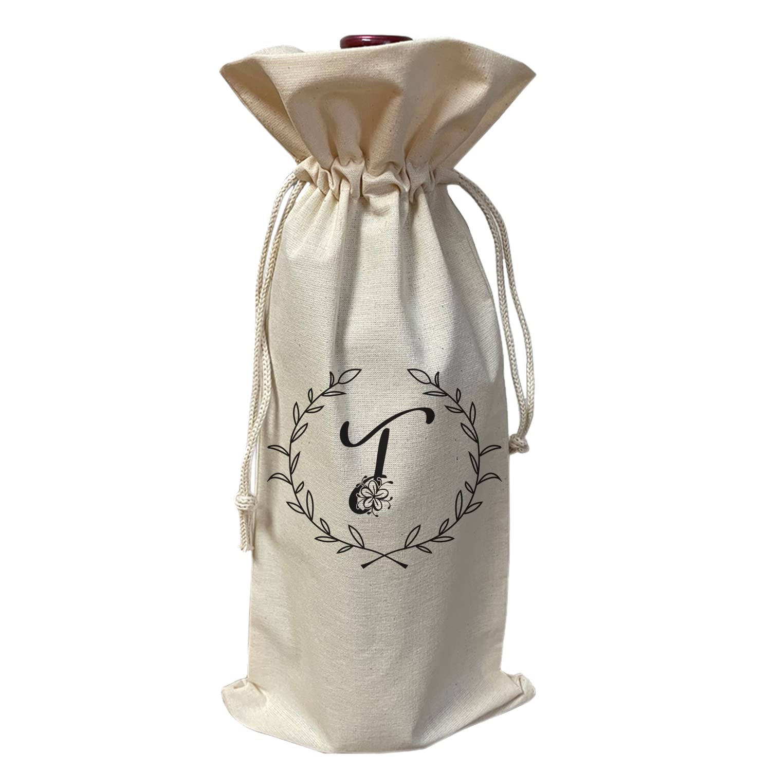 Personalized Initial Cotton Canvas Wine Gift Bag - Monogrammed Single Bottle Wine Carrier (Initial T) | Perfect for Weddings, Birthdays & Holiday Gifts