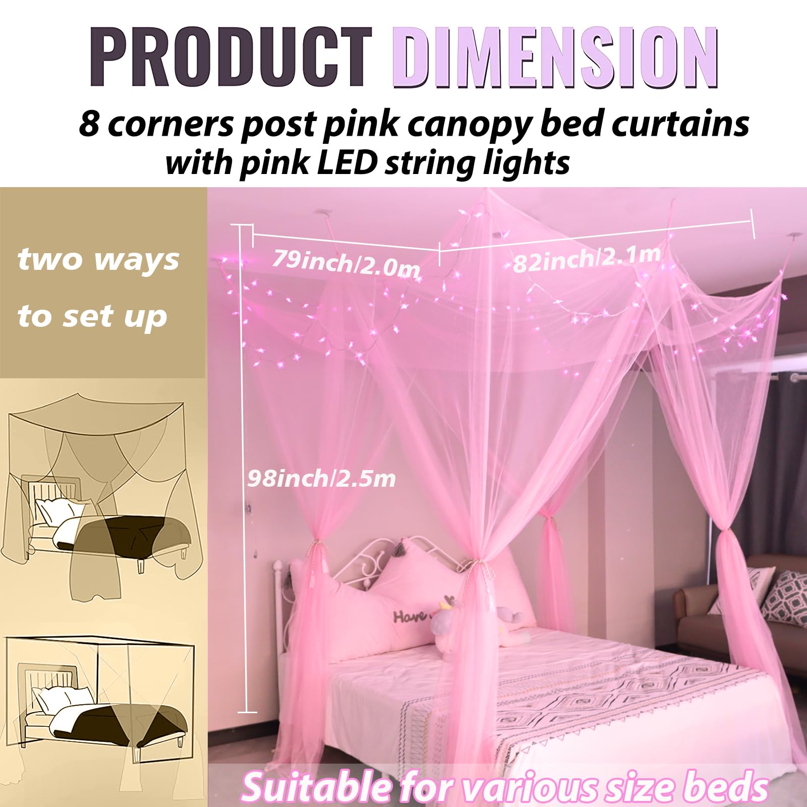 Pink Princess Bed Canopy with LED Star Lights & Remote Control - 8 Corner Hanging Bed Curtain for Girls Room, Twin/Full/Queen/King Size - Perfect for Kids Bedroom Decor & Fairy Tale Dream Nights