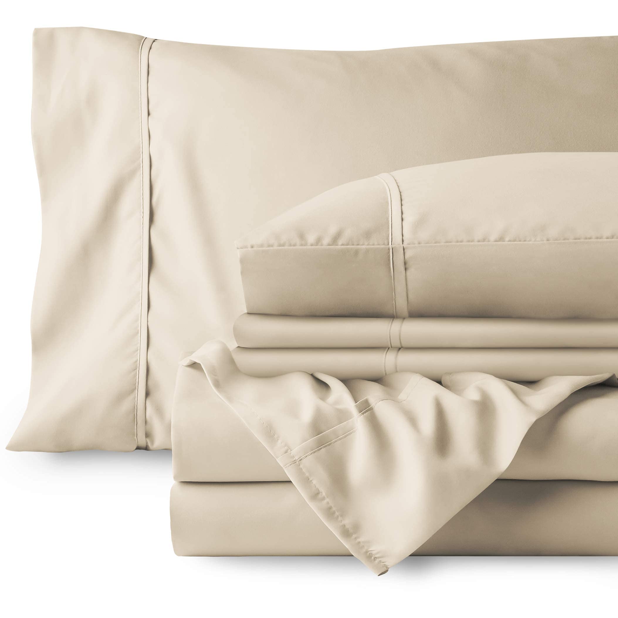 Bare Home 7-Piece Microfiber Sheet Set with 4 Pillowcases - Split King Size, Soft Sand Color - Ultra Soft Bedding Bundle for Master Bedroom & Guest Room