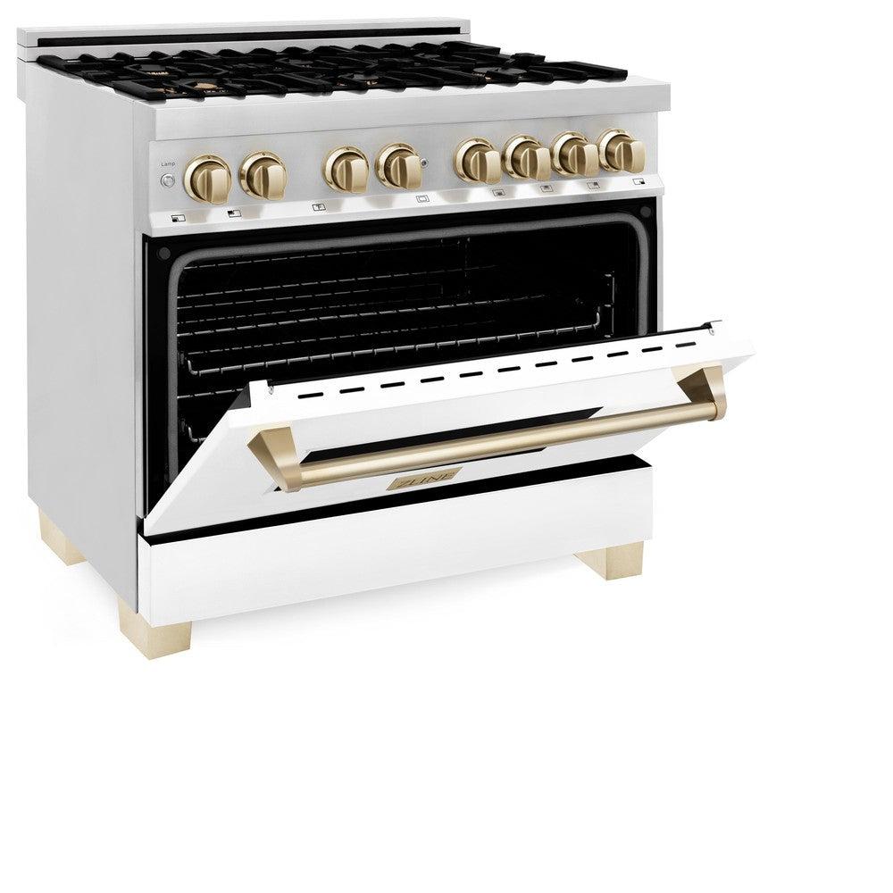 ZLINE Autograph Edition 36-inch Stainless Steel Dual Fuel Range with White Matte Door, Range Hood & Dishwasher - Gold Accents | Professional Kitchen Package for Modern Homes & Chef-Inspired Cooking