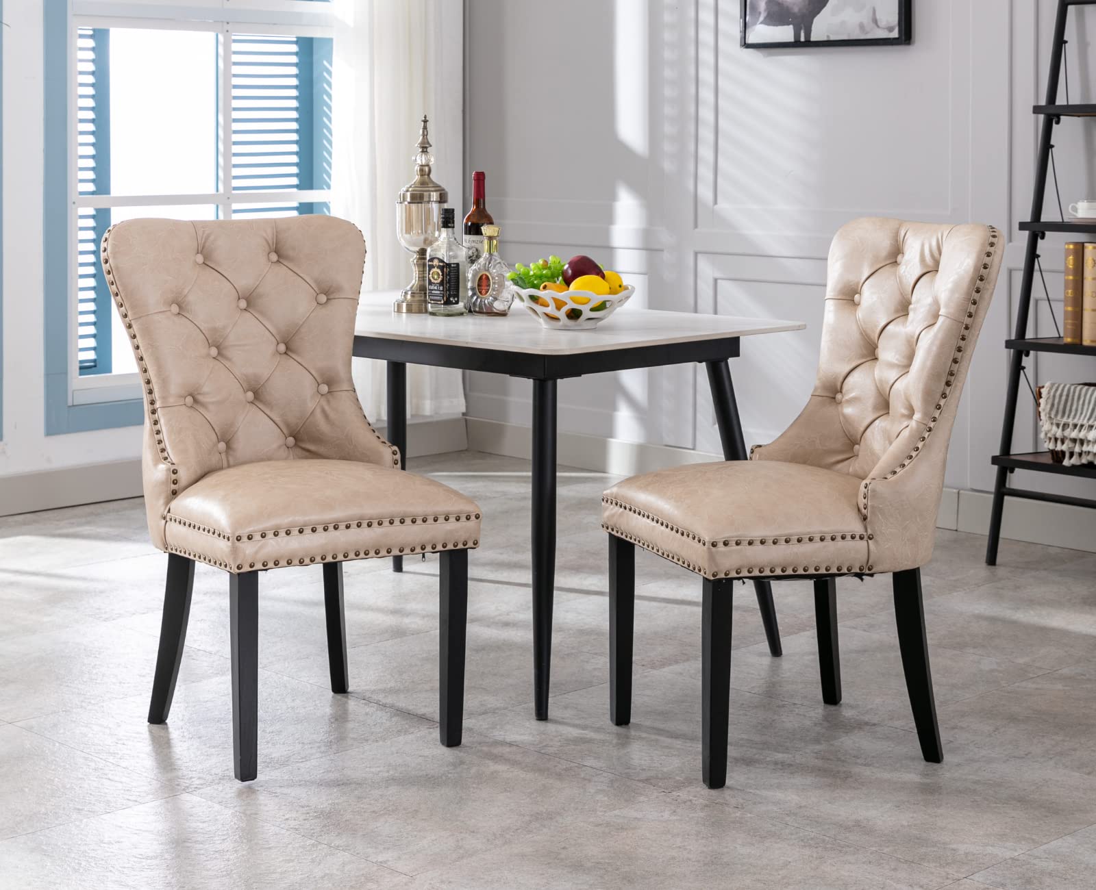 EALSON Mid Century Modern Dining Chairs Set of 2 - Leather Upholstered Kitchen Side Chairs with Wood Legs & Nail Head Trim - Tufted Accent Chairs for Dining Room, Living Room, Kitchen - Beige Home Decor