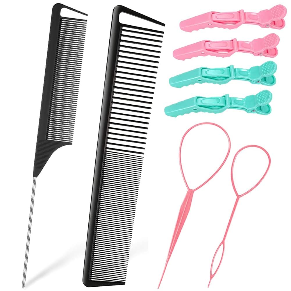 8-Piece Professional Hair Styling Tool Set - Rat Tail Comb, Cutting Comb, Alligator Clips, Ponytail Hoop - Stainless Steel Black Hair Accessories for Women & Girls | Salon, Home Use, DIY Hairstyling
