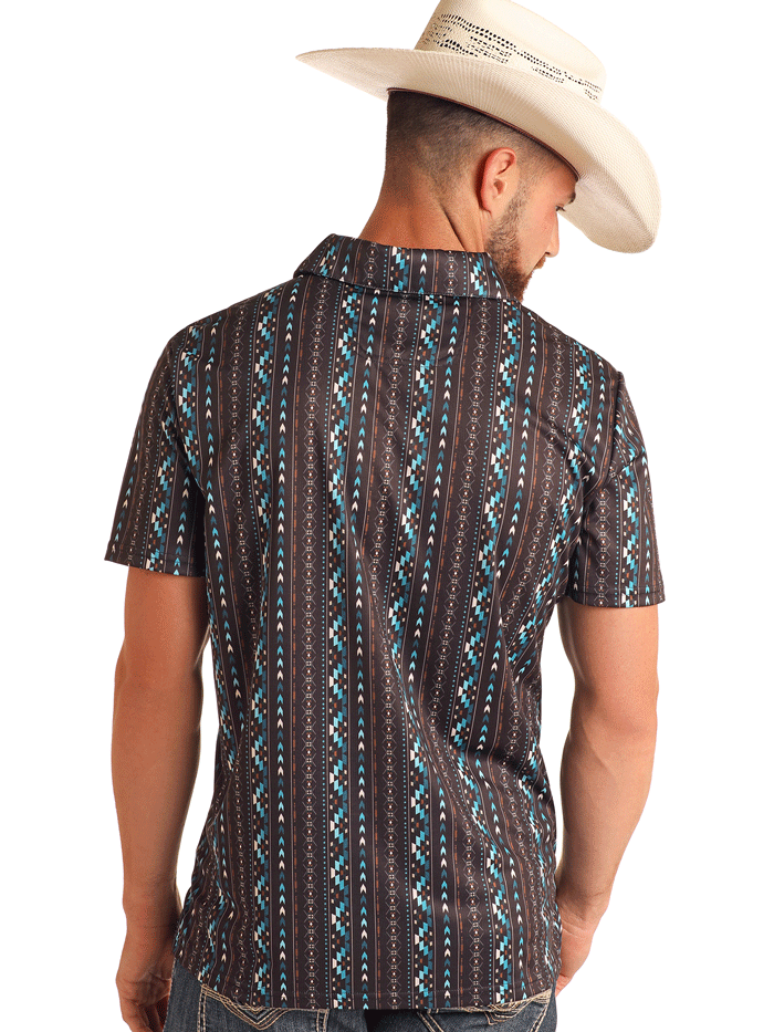Rock & Roll Denim BM51T06006 Men's Aztec Printed Polo Shirt - Dark Brown Cotton Casual Shirt for Streetwear & Music Festivals