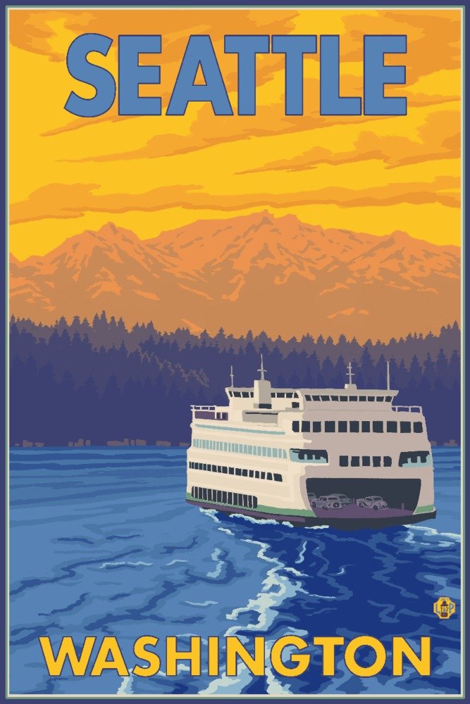 Lantern Press Seattle Washington Ferry and Mountains Wall Art - 16x24 Wrapped Canvas Print - Pacific Northwest Home Decor for Living Room, Bedroom & Office