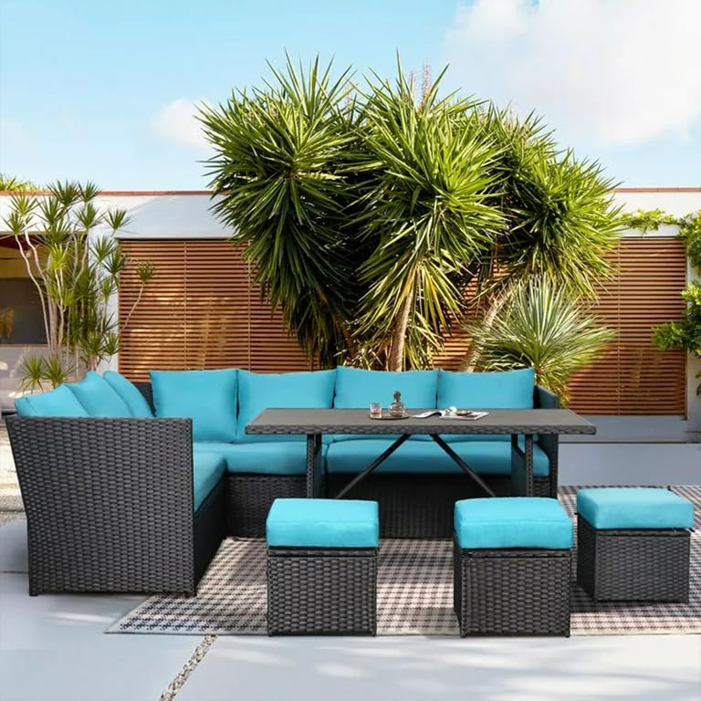 AECOJOY 7-Piece Outdoor Patio Furniture Set - Black Rattan Sectional Sofa with Table & Chairs, Blue Cushions - Perfect for Backyard, Garden, Poolside & Outdoor Dining Areas
