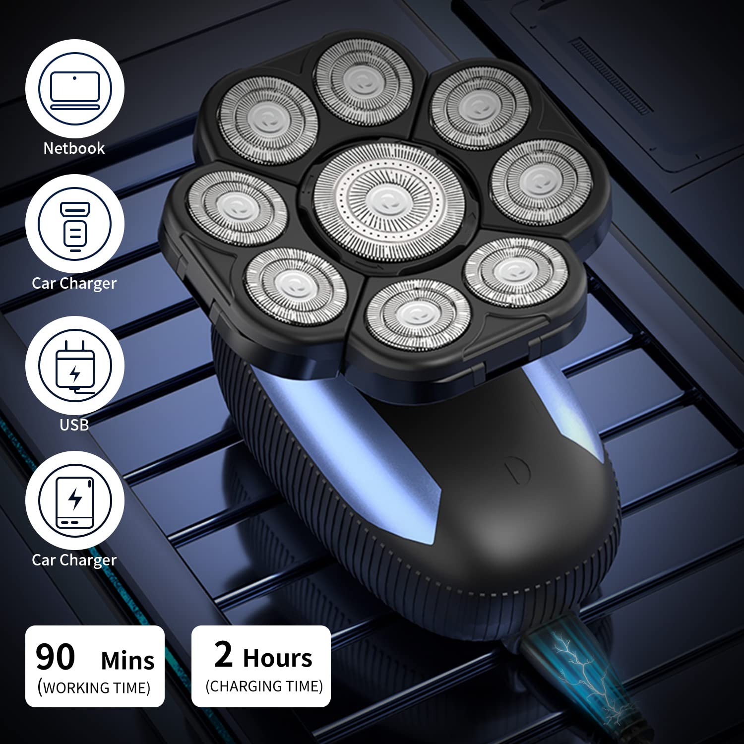 9D Electric Rotary Shaver for Bald Men - Cordless Wet/Dry Head & Beard Shaver - Rechargeable Multifunctional Razor for Balding Men | Perfect for Travel, Gym & Daily Grooming