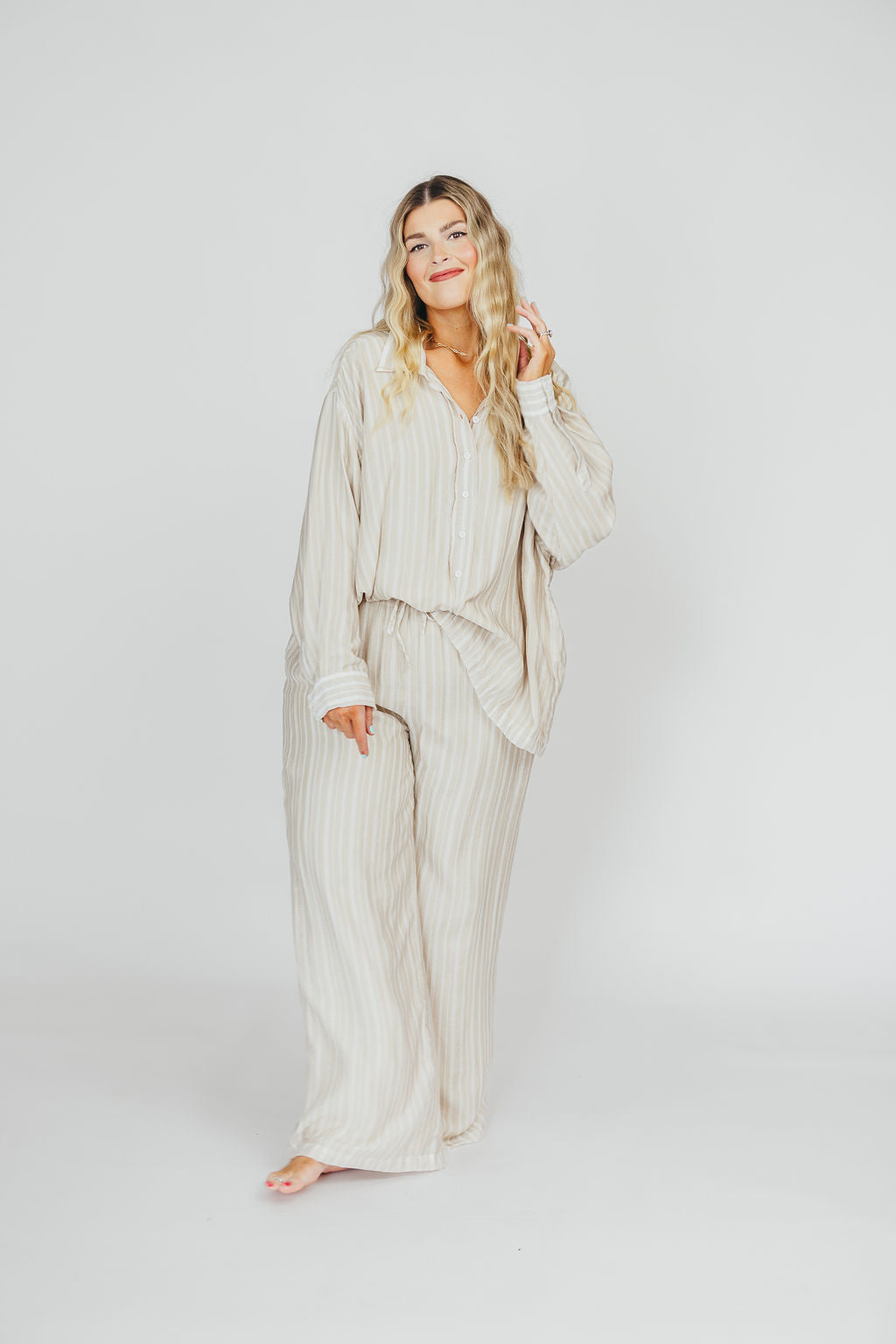 Sloane Striped Button Down Shirt & Pants Set - Natural Cotton Nursing-Friendly Outfit for Moms | Perfect for Breastfeeding, Casual Wear & Mother-Baby Bonding Time