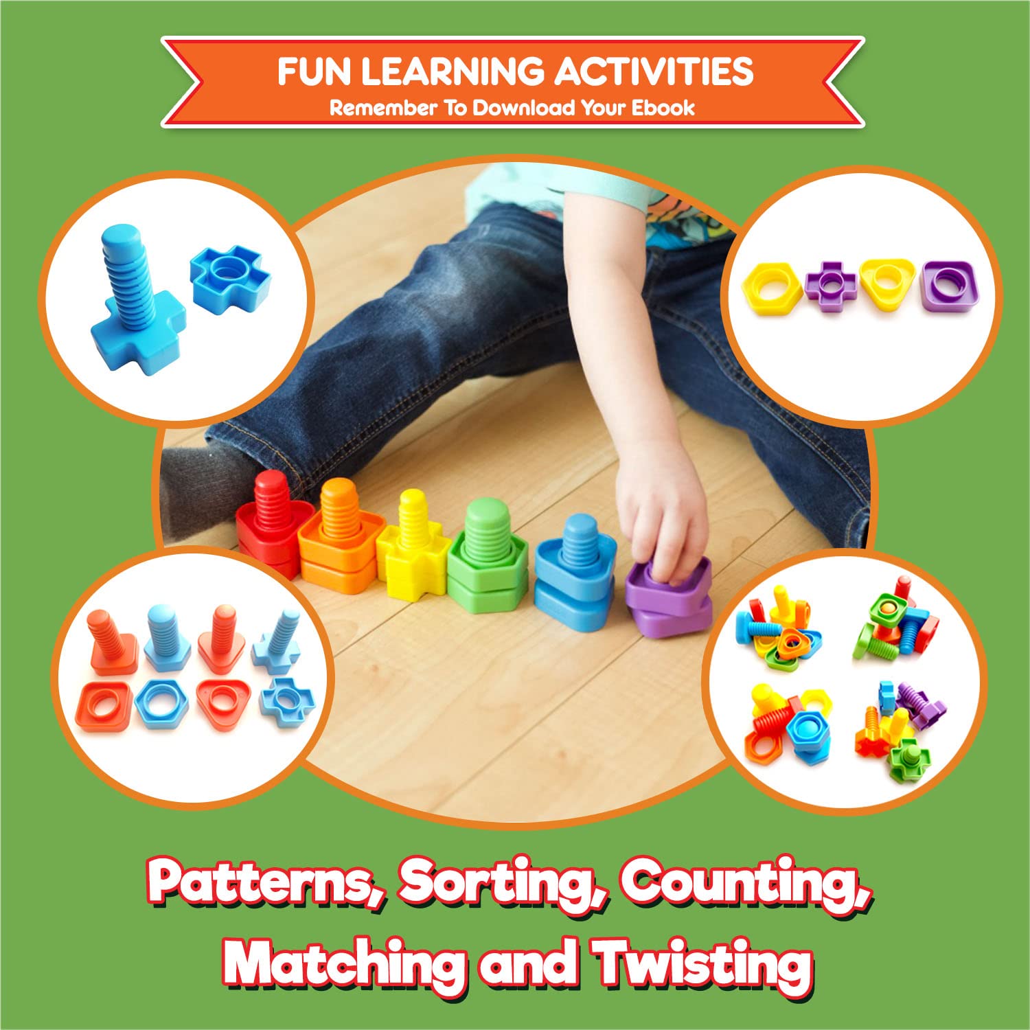 Jumbo Nuts and Bolts Montessori Toys for Toddlers - 12pc Rainbow Matching Game for Fine Motor Skills Development | Occupational Therapy Educational Toys with Storage & eBook - Perfect for Preschool Learning, Daycare Activities & Sensory Play