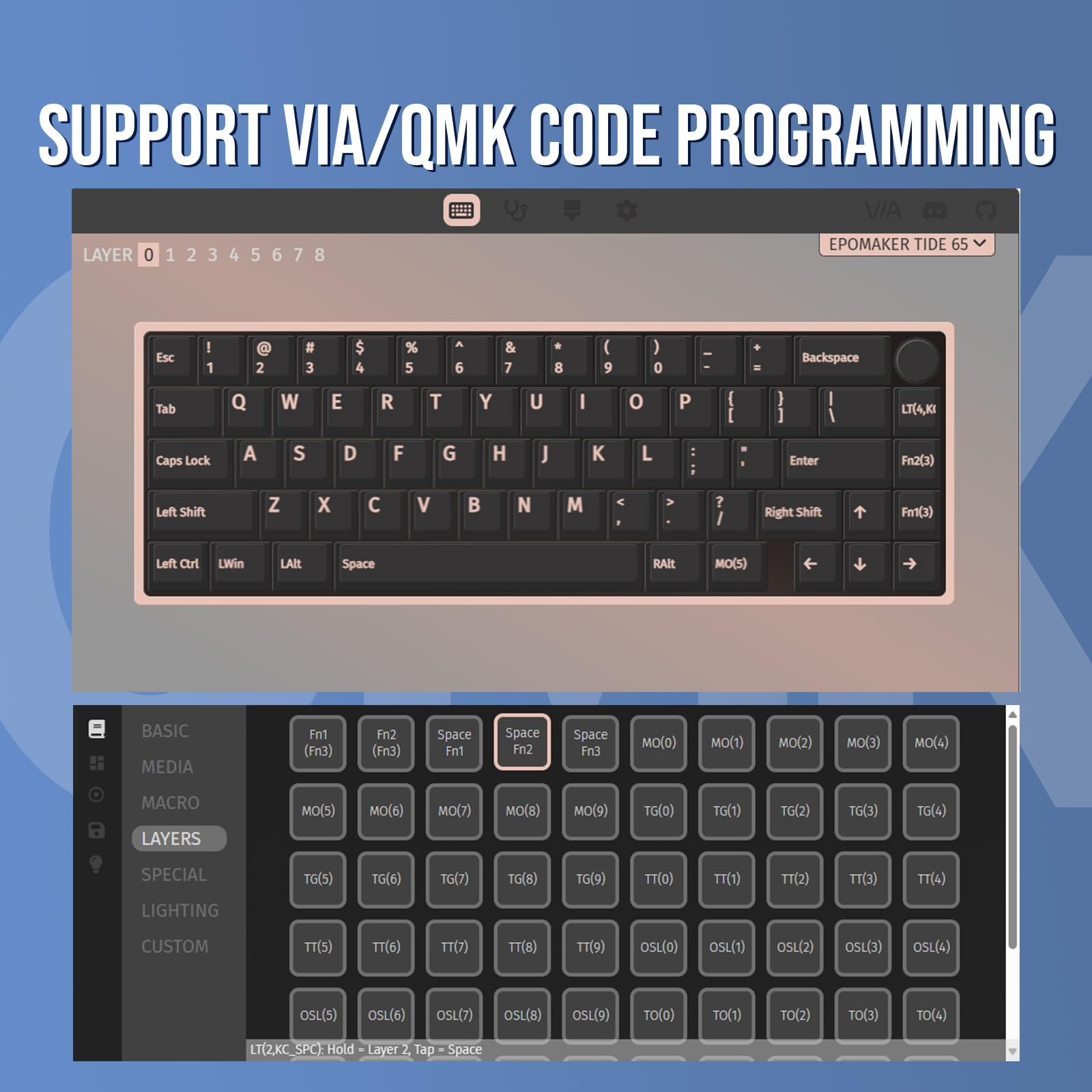 EPOMAKER Tide65 QMK/VIA Wireless Mechanical Gaming Keyboard - 65% Compact Aluminum Body, Programmable Creamy Keys, Bluetooth/2.4Ghz/USB-C Connectivity, FR4 Plate for Windows & Mac (Blue, Lemon Switch) - Perfect for Esports, Office Work & Typing Enthusiasts