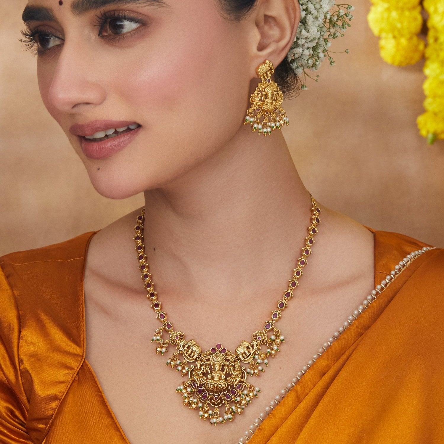 Shreya Temple Necklace Set - Elegant Indian Jewelry for Women, Gold Plated Necklace and Earrings Set, Perfect for Weddings, Festivals & Special Occasions