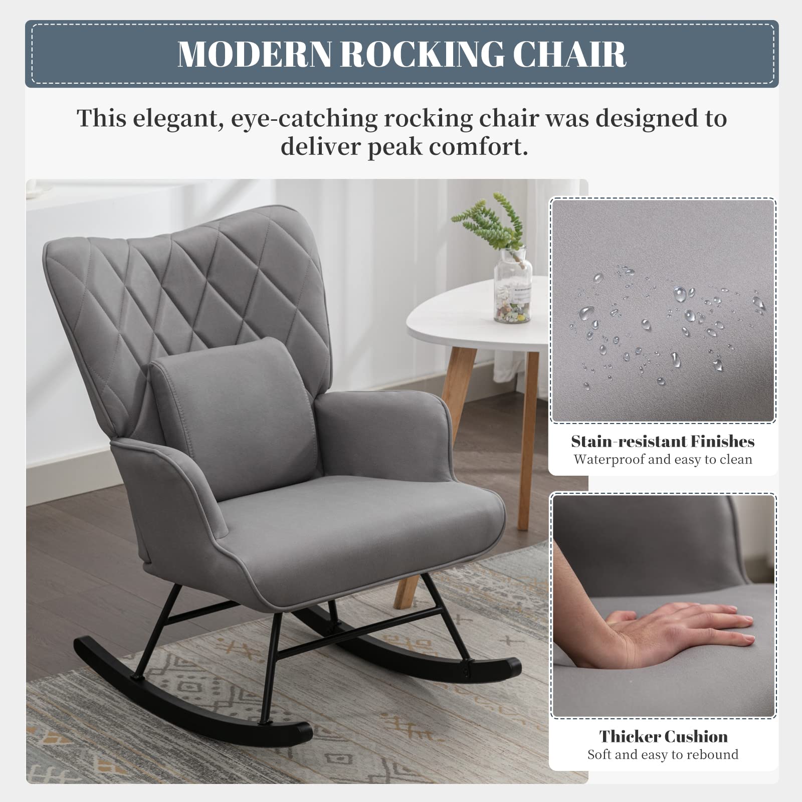 Modern Rocking Chair with Lumbar Support & Ottoman - Nursery Glider Chair for Baby Room, Living Room or Bedroom - Soft Gray Fabric - Perfect for Nursing, Relaxing & Reading