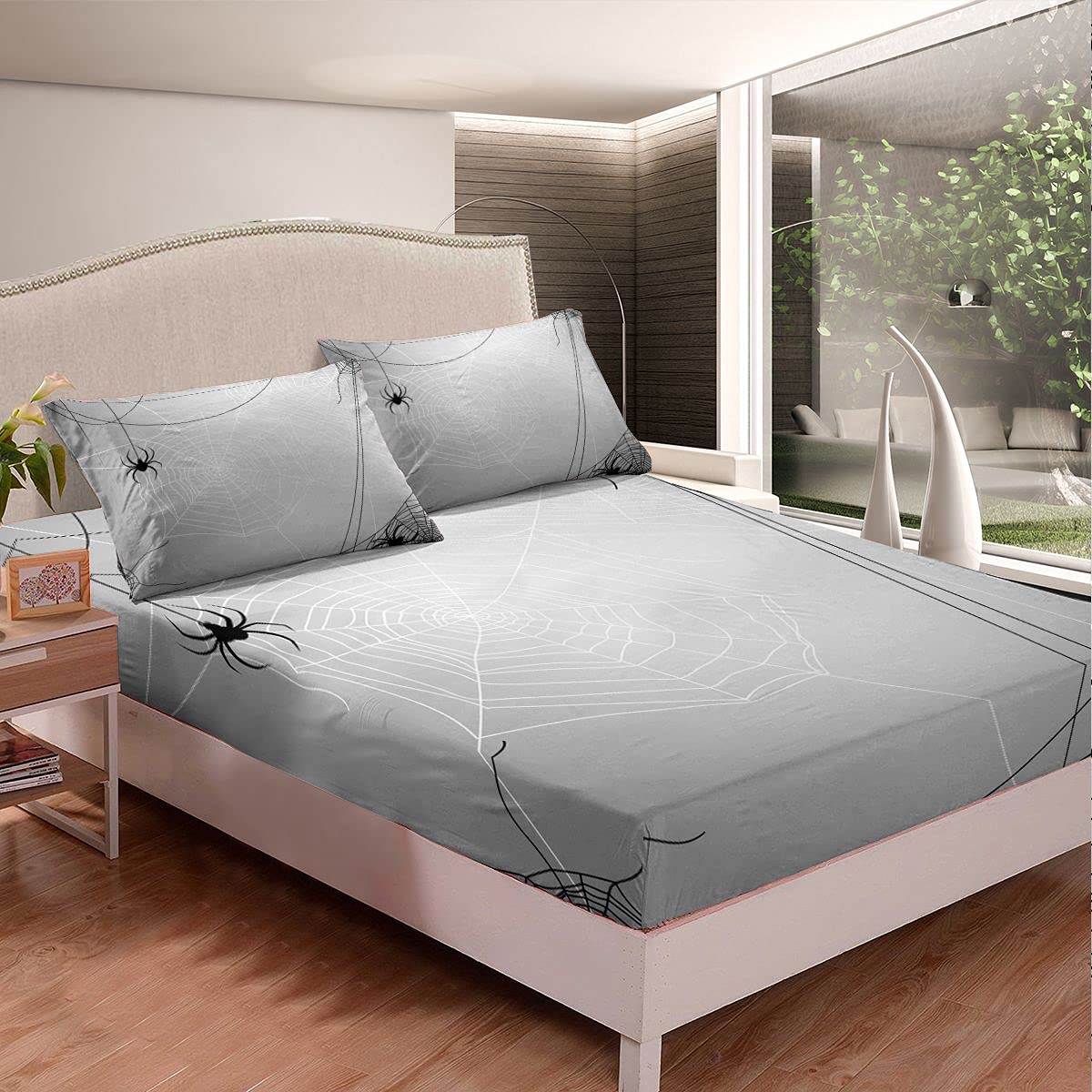 Feelyou Spider Web Bed Sheet Set - Black & White Halloween Themed Fitted Sheet, Flat Sheet & Pillowcases - 3Pcs Queen Size for Spooky Bedroom Decor - Perfect for Halloween Parties, Horror Movie Nights & Gothic Home Decor