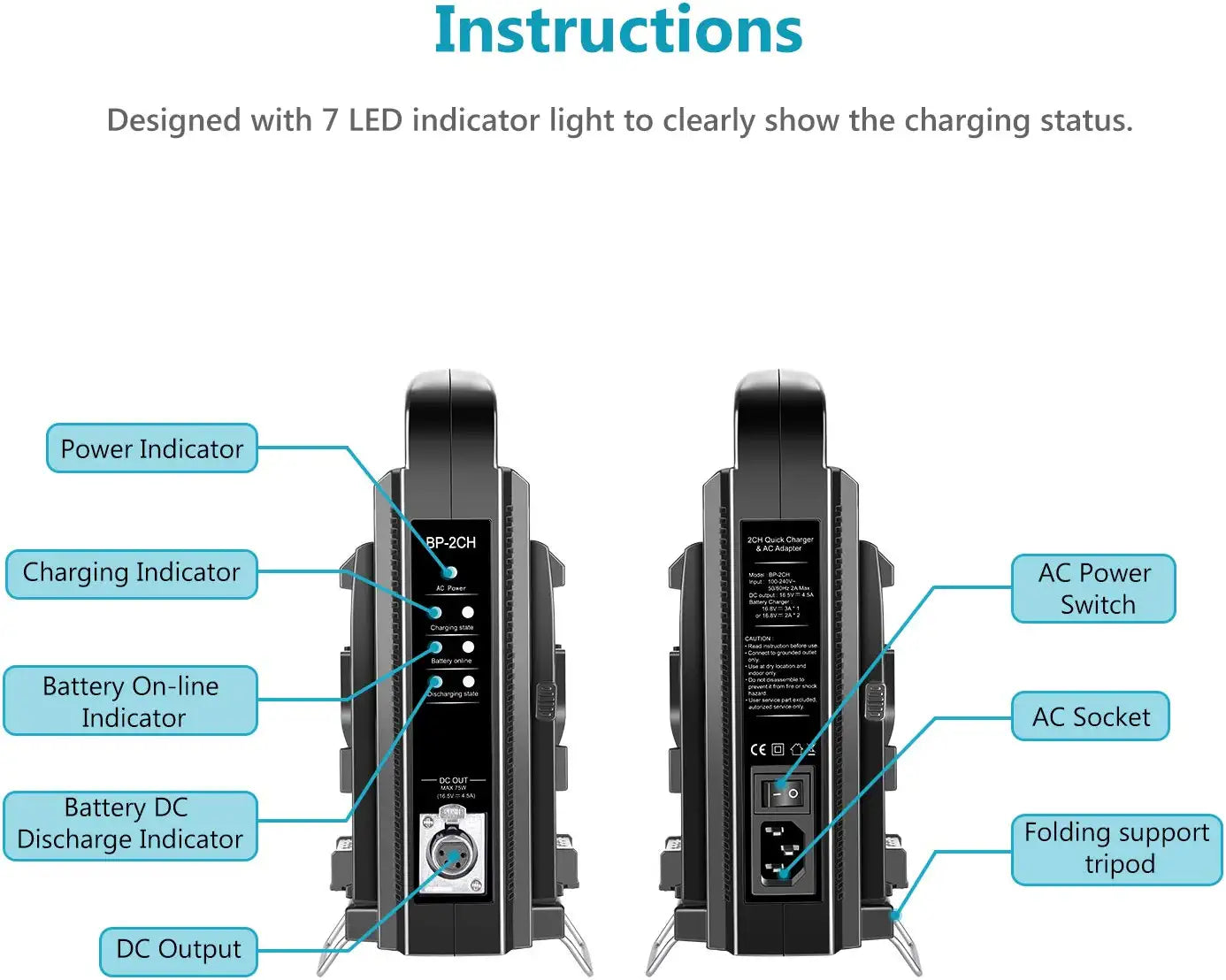NEEWER NW BP 2CH Dual Channel V Mount/V Lock Battery Charger - Professional Camera Battery Charger for Sony, Canon, Nikon - Perfect for Film Production & Photography Studios