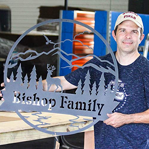 Custom Personalized Outdoor Metal Sign - Deer & Mountain Monogram Wall Art for Rustic Cabin, Lodge, or Home Décor | Laser Cut Steel Family Gift | Perfect for Hunting Cabins, Man Caves & Outdoor Living Spaces
