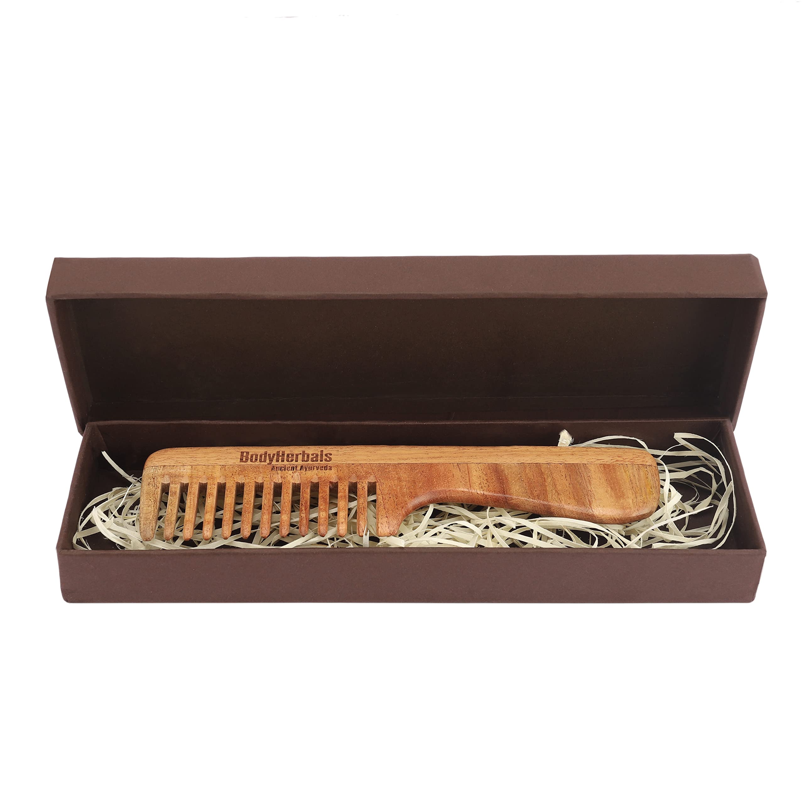 BodyHerbals Neem Wood Dressing Comb - Handmade Detangling Rake Comb with Ergonomic Handle, Natural Hair Care Gift Set (Cream) | Perfect for Daily Styling, Scalp Massage & Travel Essentials
