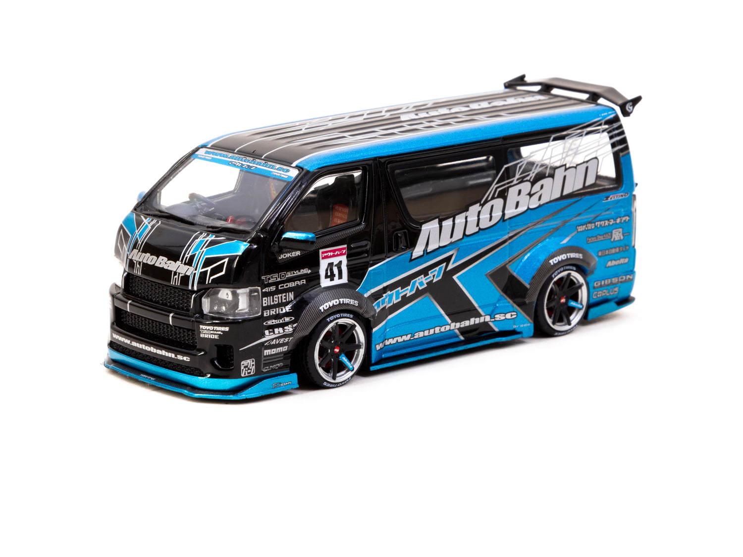 Tarmac Works 1/43 Scale Toyota Hiace Widebody Diecast Model Car - Black & Blue - Collectible Miniature Vehicle for Display & Racing Scenes - Perfect for Hobbyists & Toy Car Enthusiasts (HOBBY43)