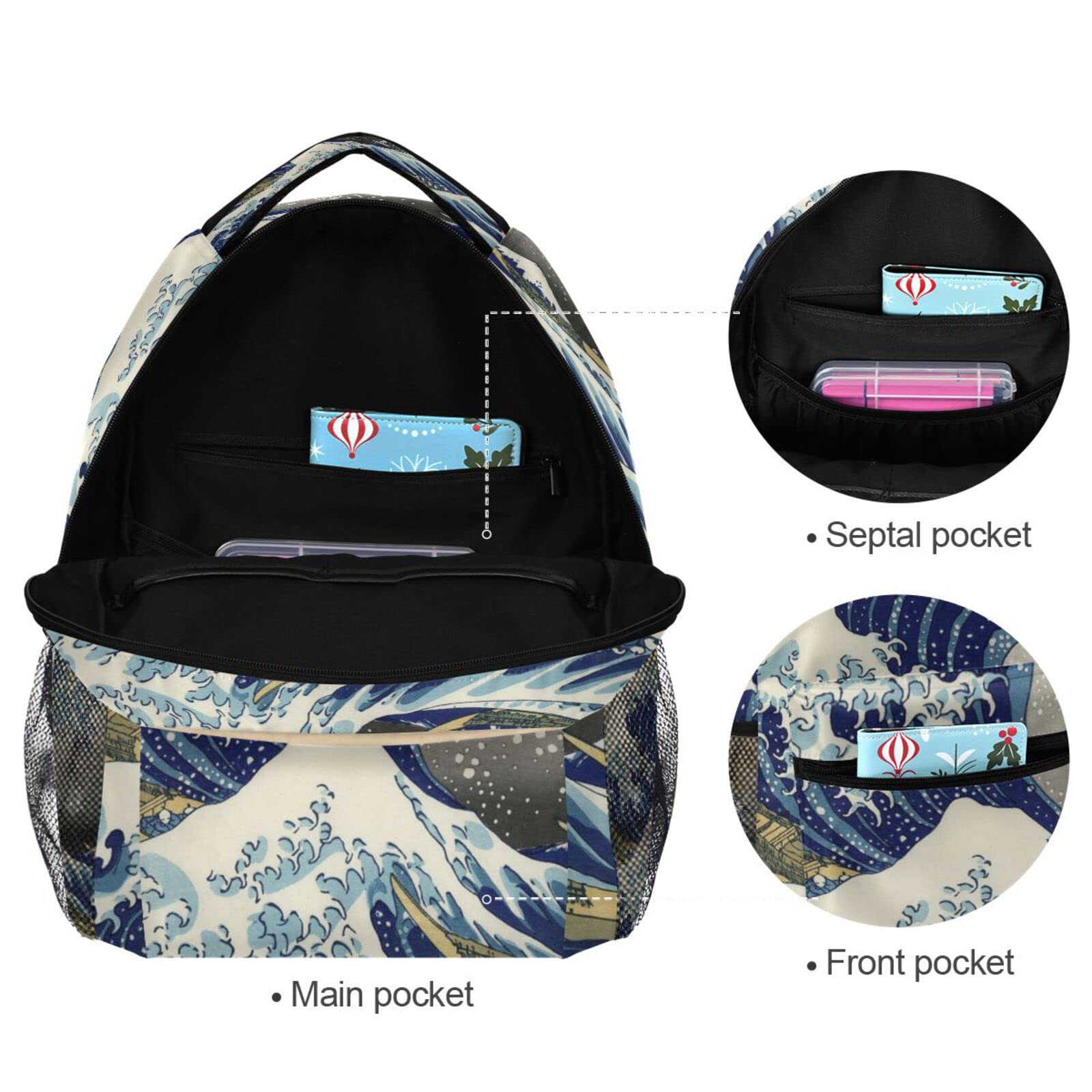 Premium WIHVE School Backpack - Great Wave Kanagawa Design Bookbag, Durable Travel Rucksack for Students & Commuters - Perfect for School, College, Work & Outdoor Adventures (One Size)