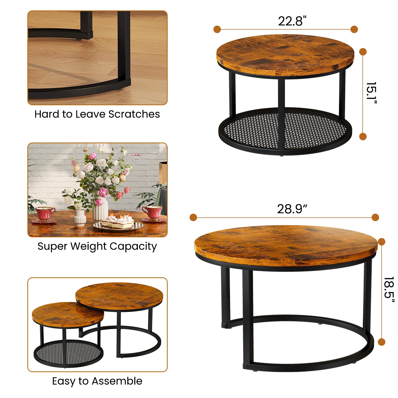 Lamerge 2-Piece Nesting Coffee Table Set - Round Rustic Brown Living Room Tables (29