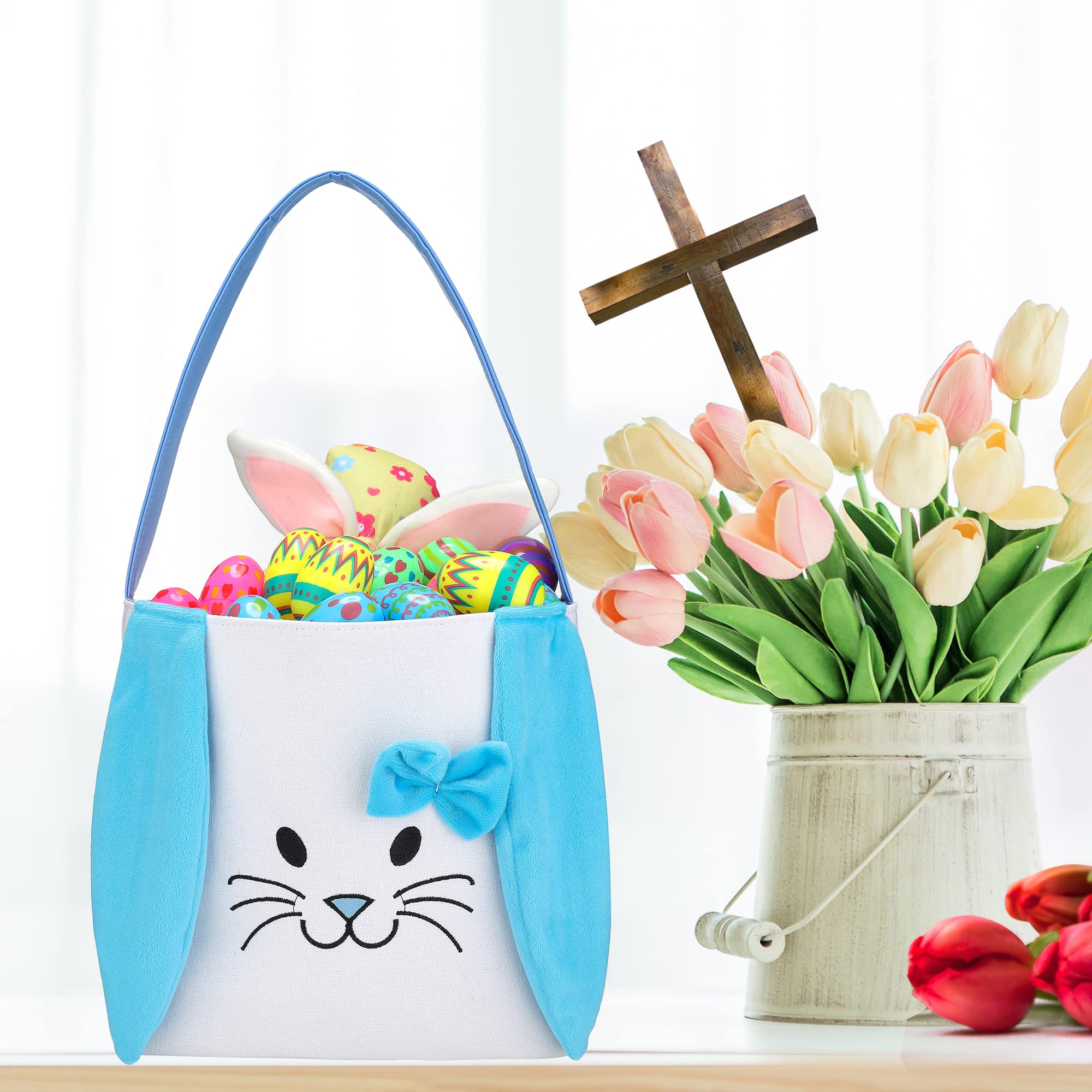 Easter Baskets for Kids - Boys and Girls Easter Egg Hunt Baskets, Cute Bunny Printed Canvas Gift Basket for Toddlers, Easter Party Decorations and Supplies (Pink & Blue) - Perfect for Easter Egg Hunts, Spring Celebrations, and Holiday Gift Giving