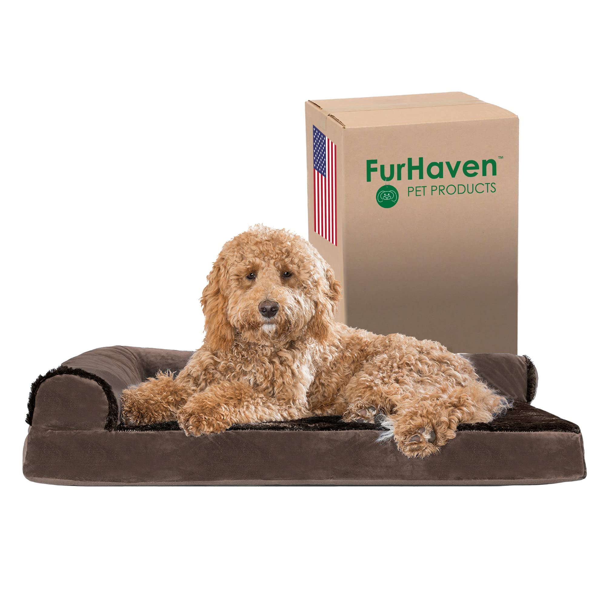 **Furhaven Orthopedic Dog Bed for Large & Medium Dogs - Plush Velvet L-Shaped Chaise with Removable Bolsters & Washable Cover - Supports Up to 55 lbs - Sable Brown (Large) - Perfect for Living Room, Bedroom & Pet-Friendly Spaces**