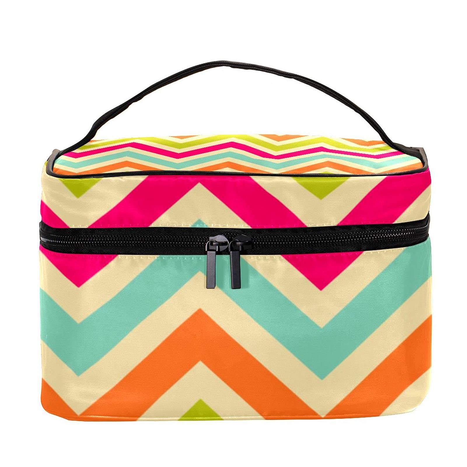 Vintage Colorful Chevron Zigzag Travel Makeup Bag - Large Cosmetic Organizer with Zipper for Women & Girls - Perfect for Travel, Gym, and Daily Essentials Storage