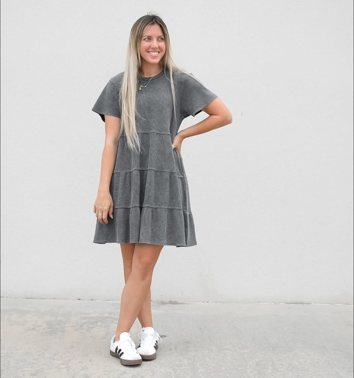 Women's Black Acid Wash Waffle Dress - Stylish Vintage-Inspired Outfit for Casual Wear, Date Night & Summer Fashion