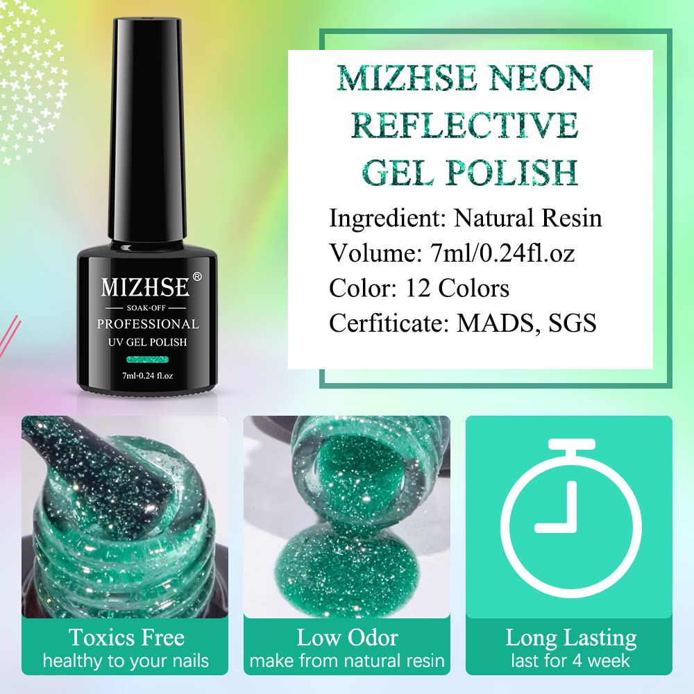 MIZHSE Neon Reflective Glitter Gel Nail Polish Set - 12 Colors (7ml Each) with Sparkly Disco Diamond Effect, Soak Off UV LED Gel for Manicure | Perfect for Nail Art, Salon, Party & Night Out Glam Looks