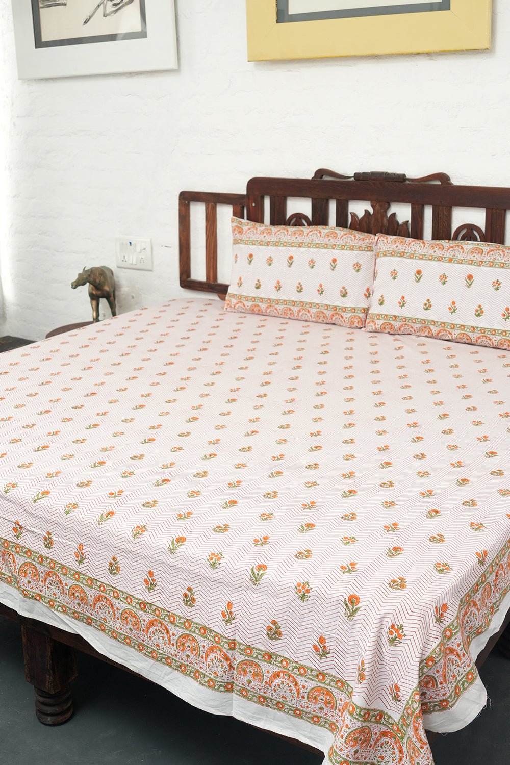 Vibrant Twists Hand Block Printed Cotton Bedsheet - Soft & Breathable Queen Size Bedding Set for Home Decor, Boho Chic Style Bedroom Upgrade