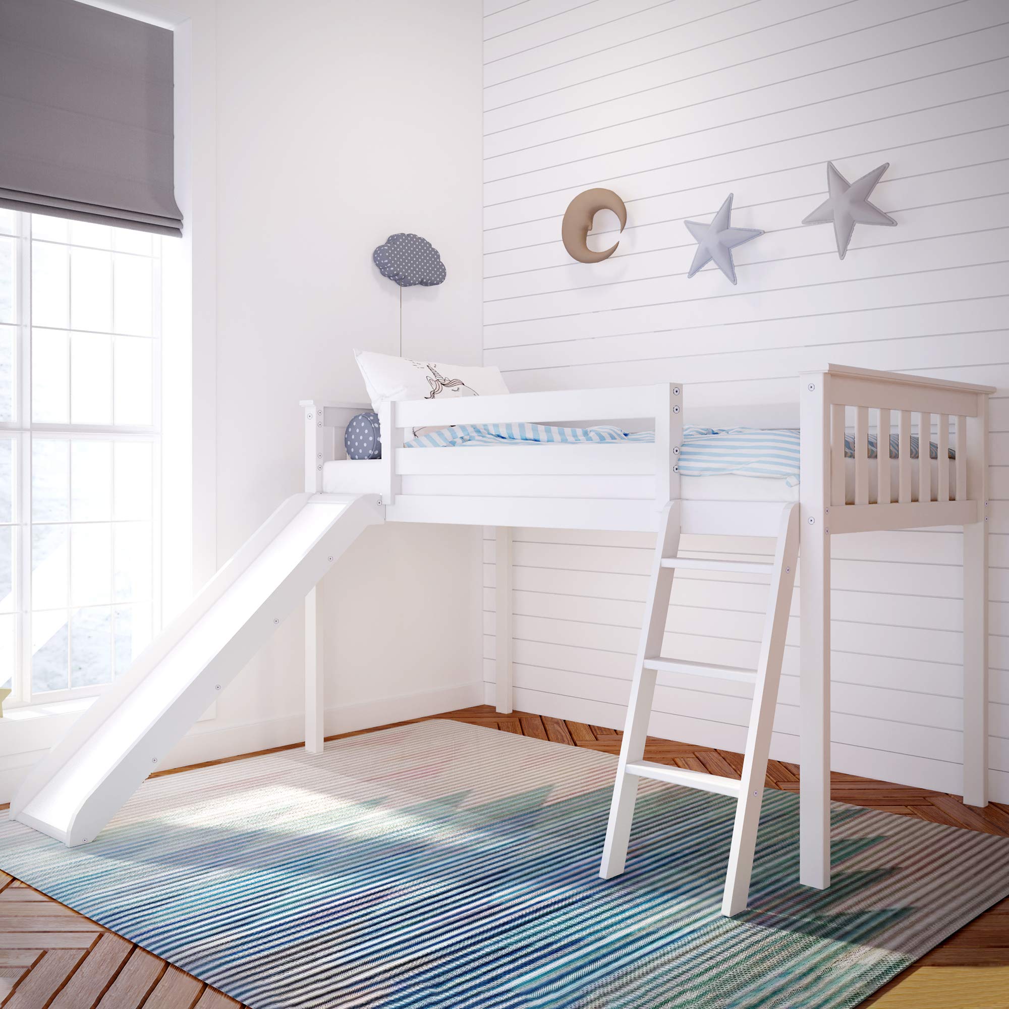 Max & Lily Solid Wood Twin-Size Low Loft Bed with Slide - White Finish & Pink/White Cotton Underbed Curtains - Space-Saving Kids Bedroom Furniture for Small Rooms & Play Areas